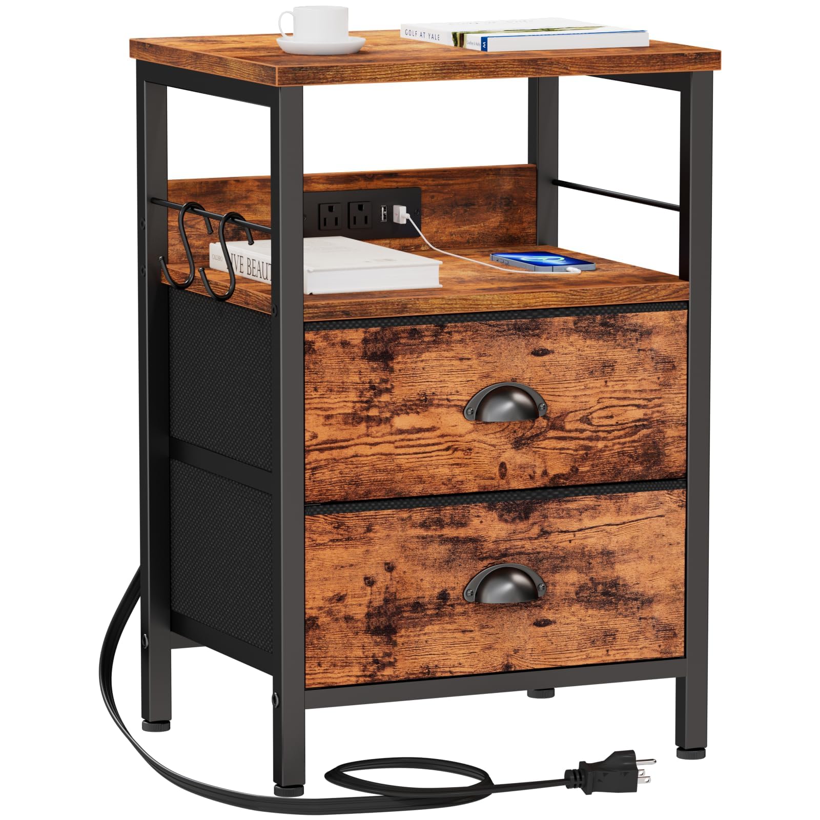Furologee End Table with Charging Station, Nightstand with Fabric Drawers, Side Table with USB Ports & Outlets, Night Stand with