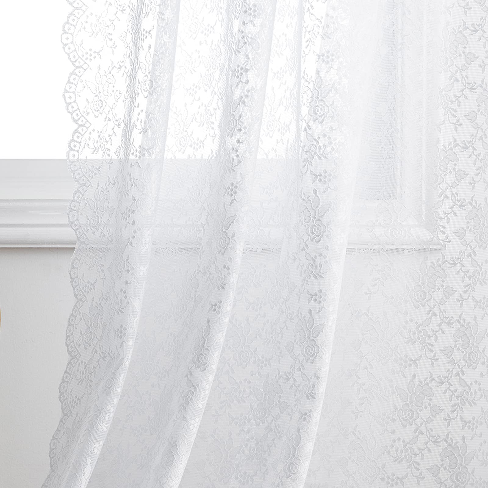 FINECITY Floral Lace Curtains for Living Room - Vintage White Lace Curtains 96 Inches Long for Bedroom/French Door, Lightweight 