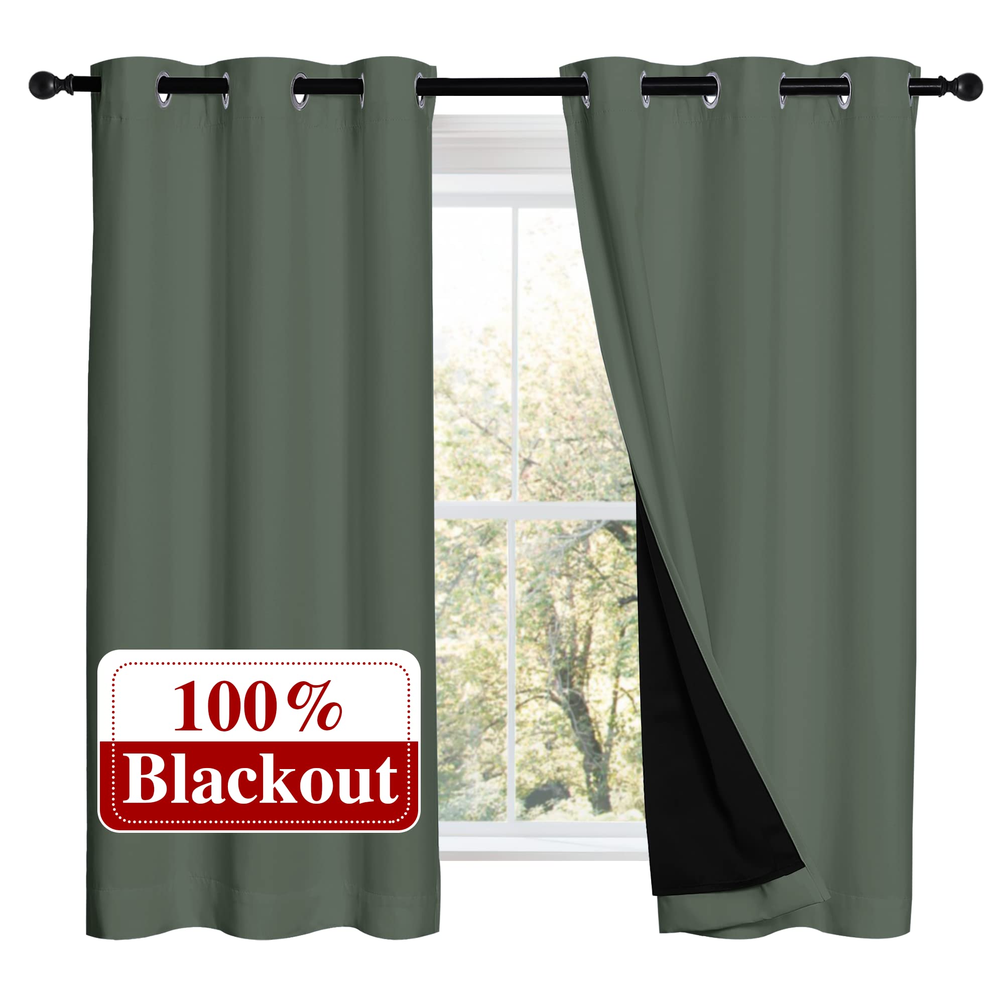 NICETOWN 100% Blackout Curtains 54 inches Long, Double-Deck Completely Blackout Window Treatment Thermal Insulated Lined Drapes 