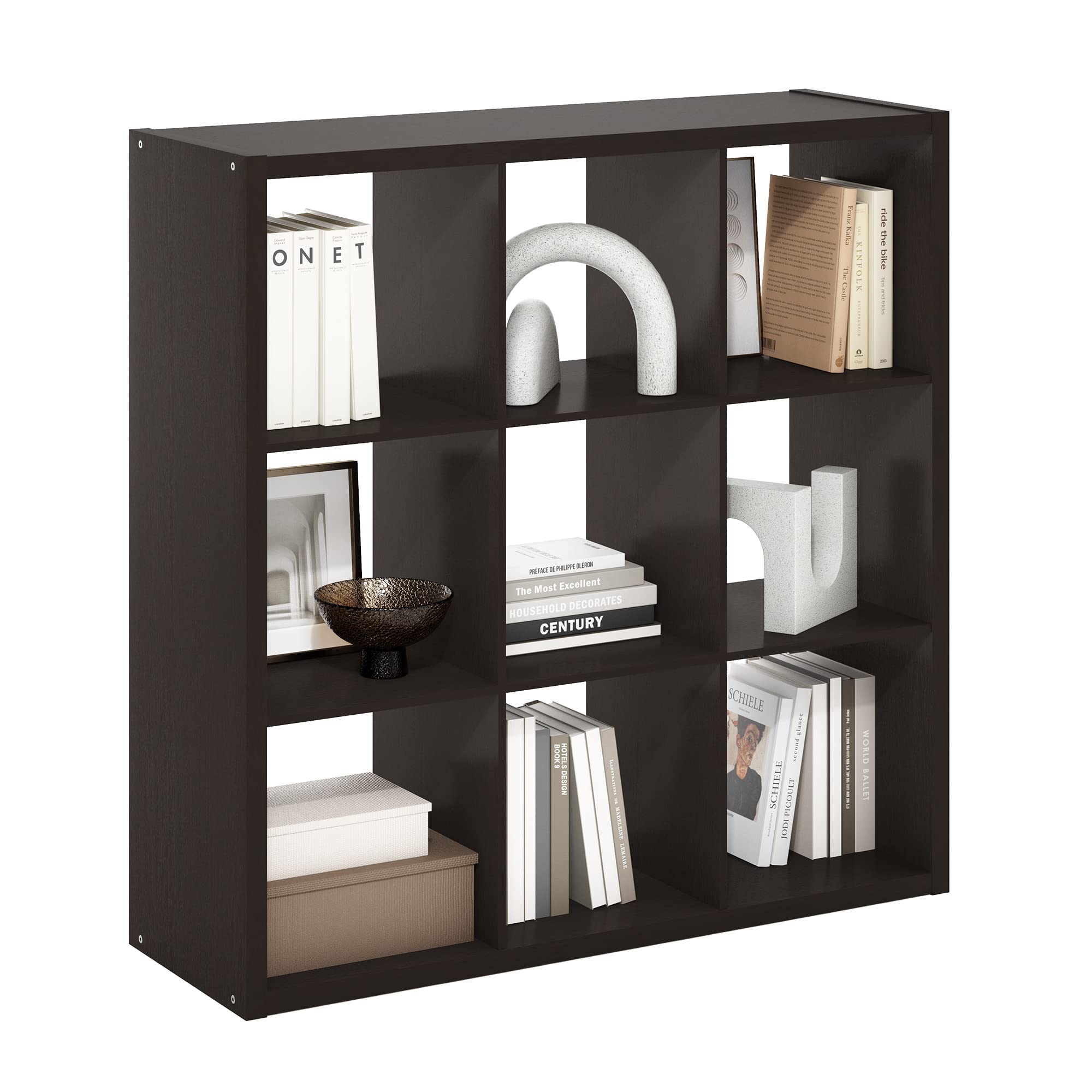 Furinno Cubicle Open Back Decorative Cube Storage Organizer, 9-Cube, Black Dark Oak