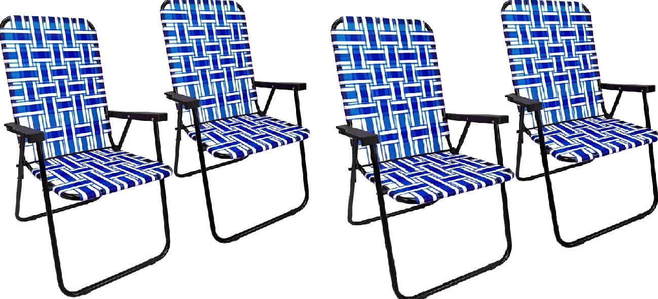 EasyGo Product Lawn Chair Folding Steel Webbing Chaise Patio Lounger Seat Wood Handles Great for Camping, Beach, Fishing, Backya