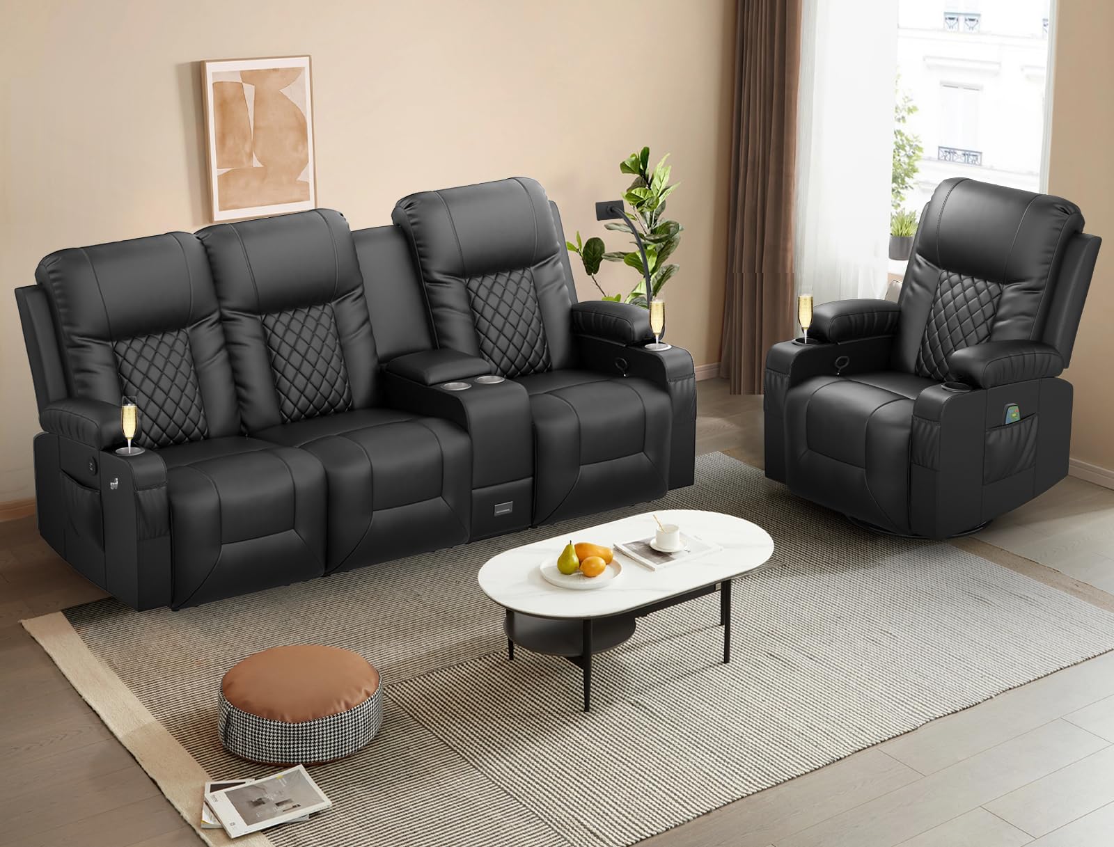 YONISEE Recliner Sofa Set, 3 Seater Recliner Sofa and 1 Seat 360 Swivel Recliner Chair with Heat and Massage for Living Room (3 