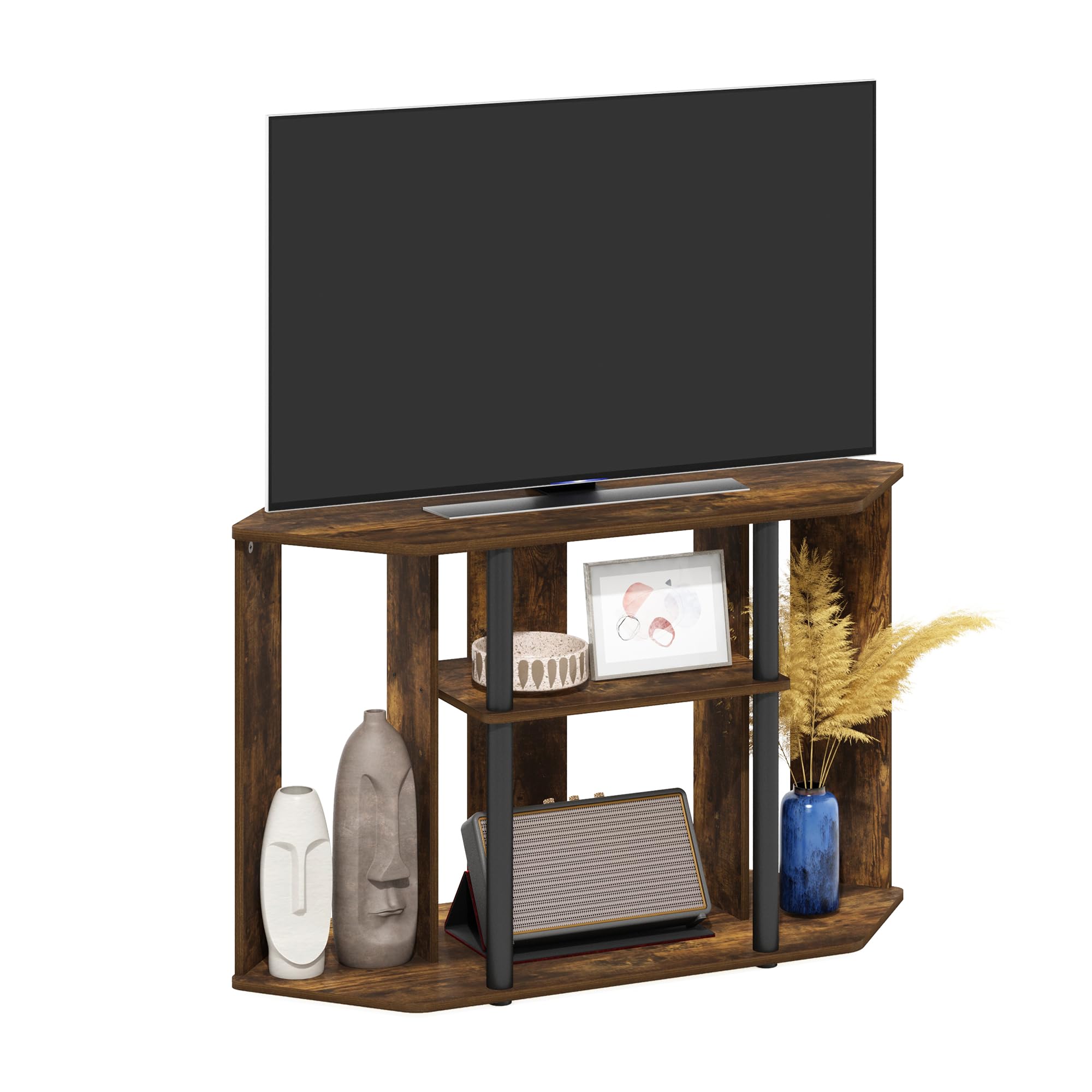 Furinno Classic Stand with Plastic Poles for TV up to 43-Inch, Amber Pine/Black