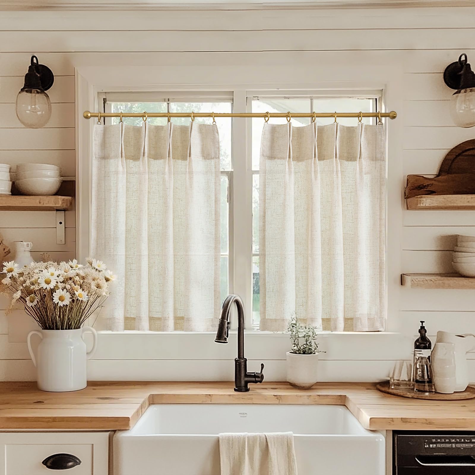 jinchan Linen Pinch Pleated Kitchen Curtains 36 Inch 2 Panels, Natural Linen Tier Curtains Back Tab Beige Farmhouse Cafe, Light 