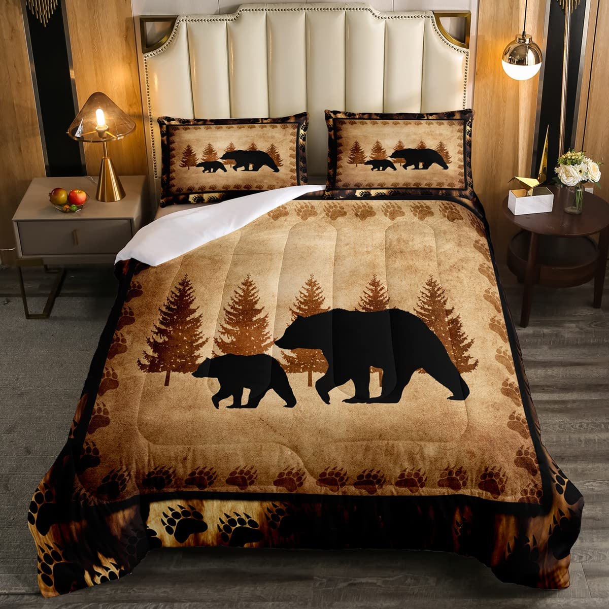 Bear Comforter Set Queen Size Farmhouse Wild Animal Comforter Retro Bear Family Bedding Set for Kids Boys Girls Brown Bear Paws 