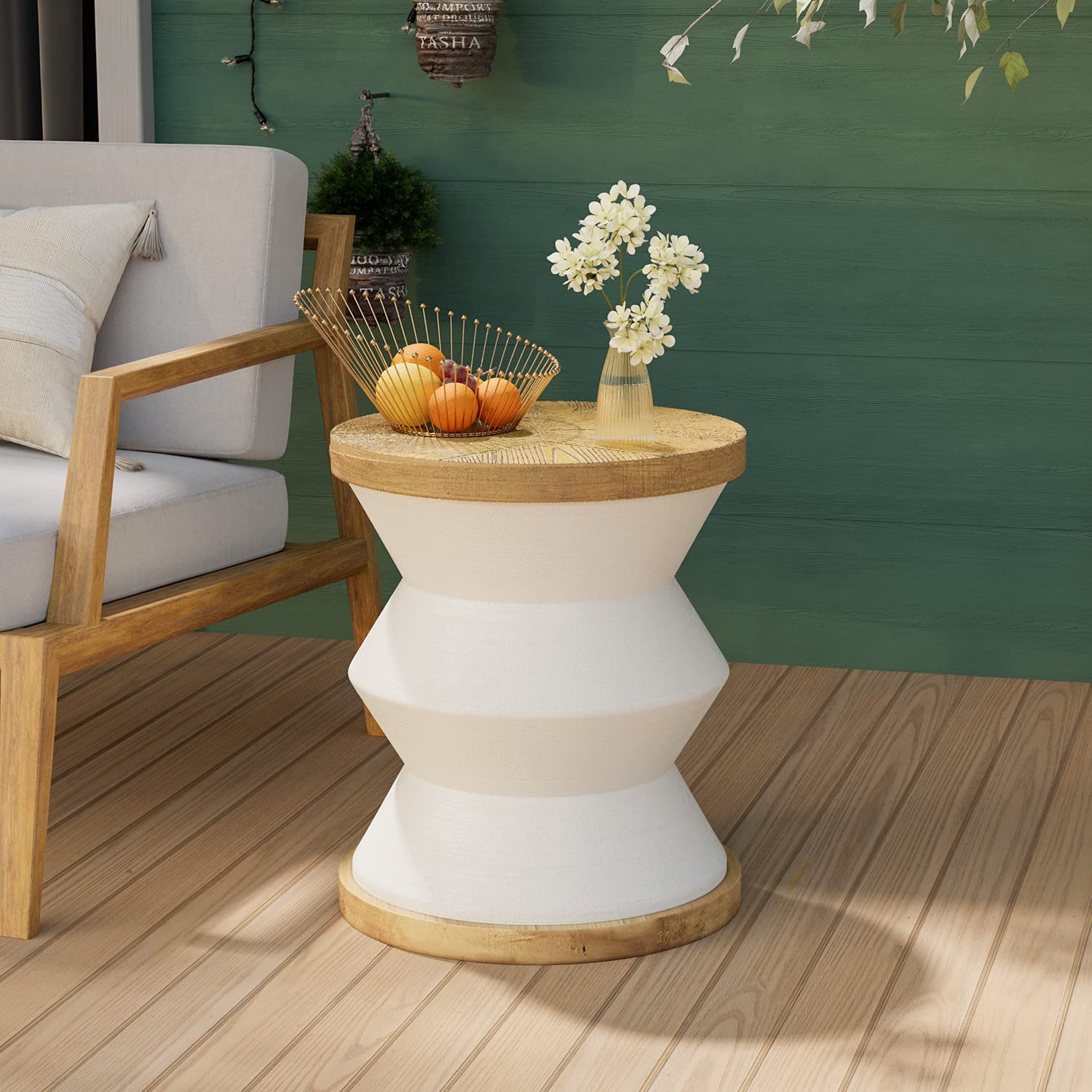 COSIEST White Outdoor Side Table, Round MgO Concrete End Patio Side Table, Lightweight Cylinder Top Plant Stand with Rotund Base