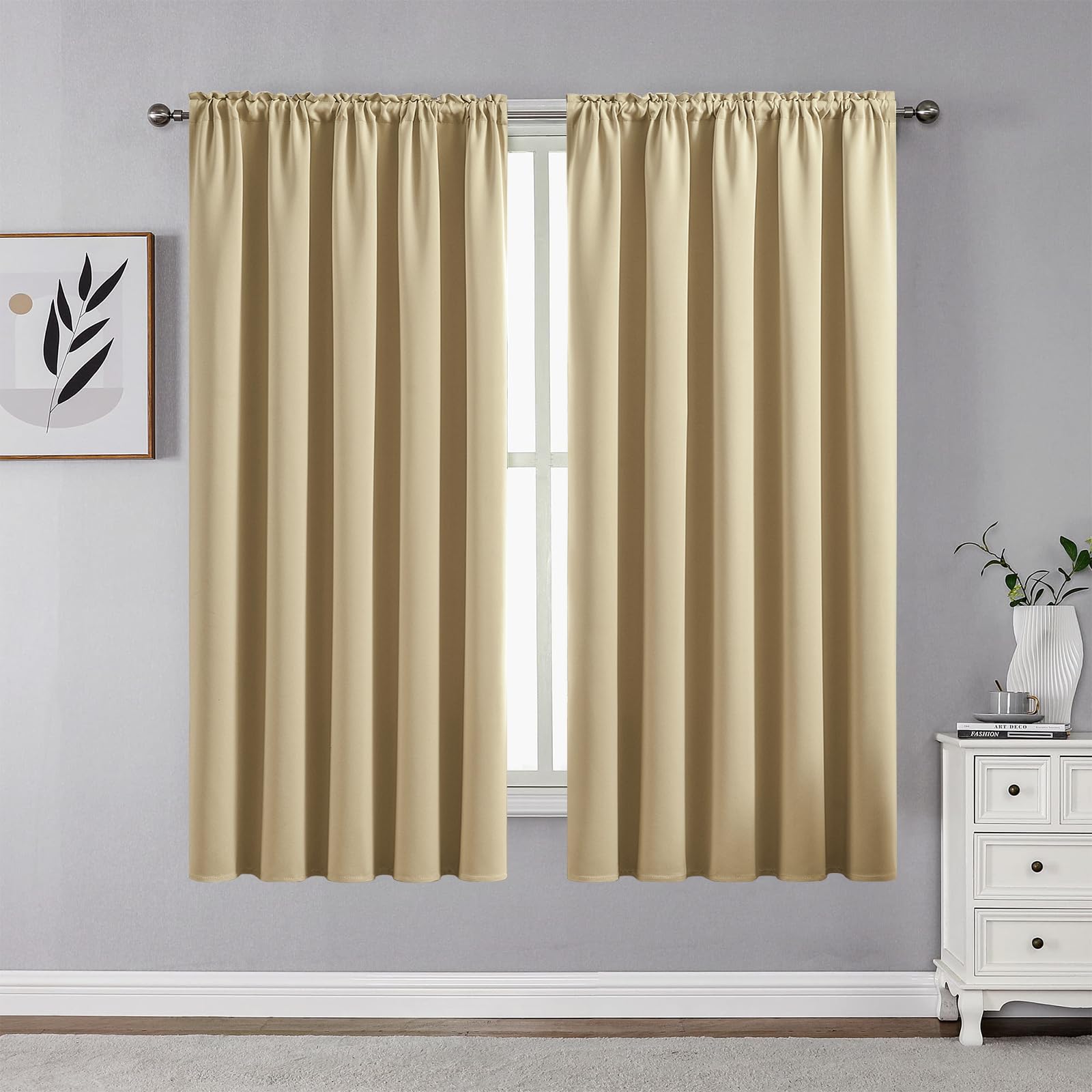 CUCRAF Beige Blackout Curtains 54 inch Length 2 Panels Set, Rod Pocket Room Darkening Drapes for Bedroom Living Room, Insulated 