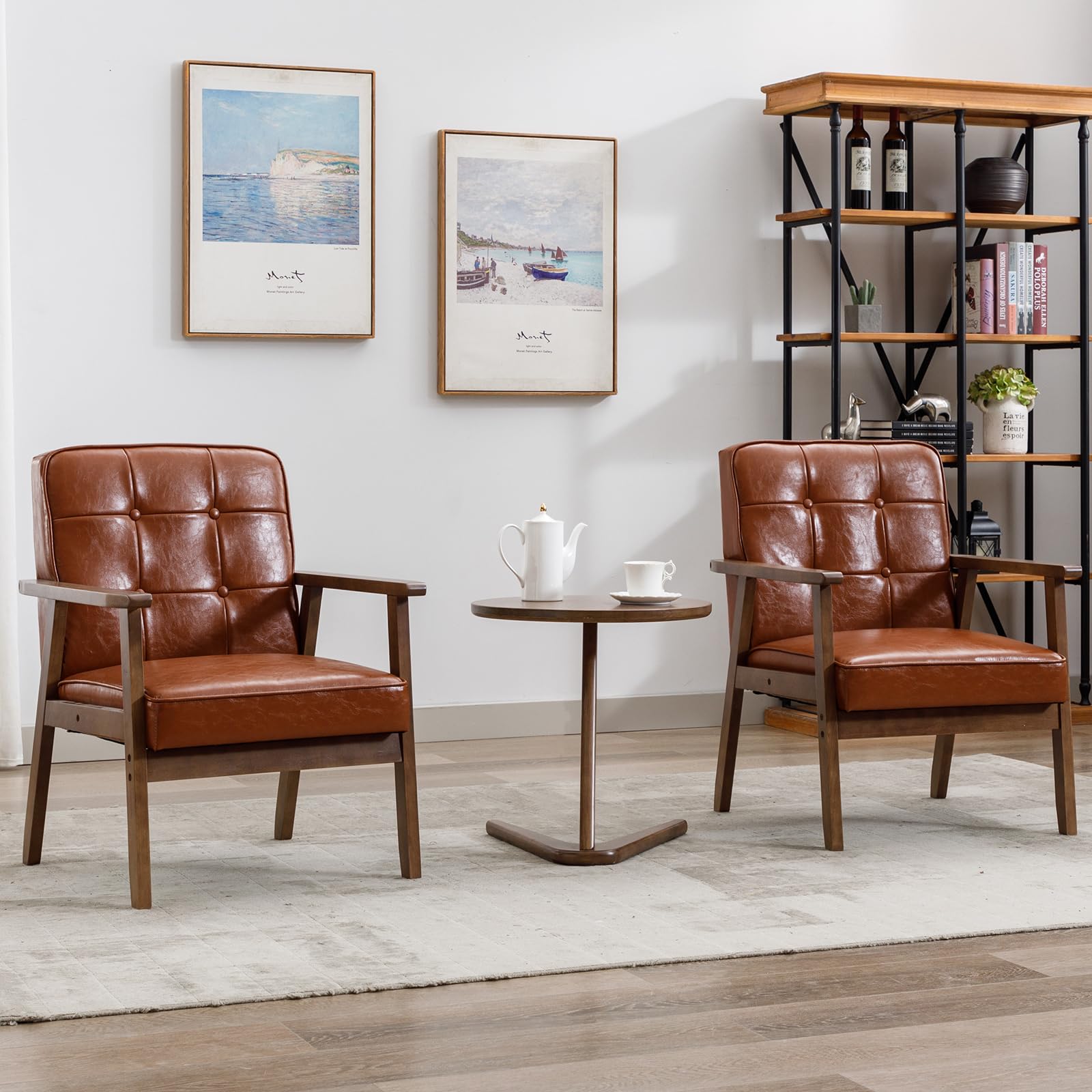 Okeysen Accent Chairs Set of 2, Mid Century Modern Accent Chair, Retro Wood and Leather Armchairs Side Chair, Lounge Reading Com