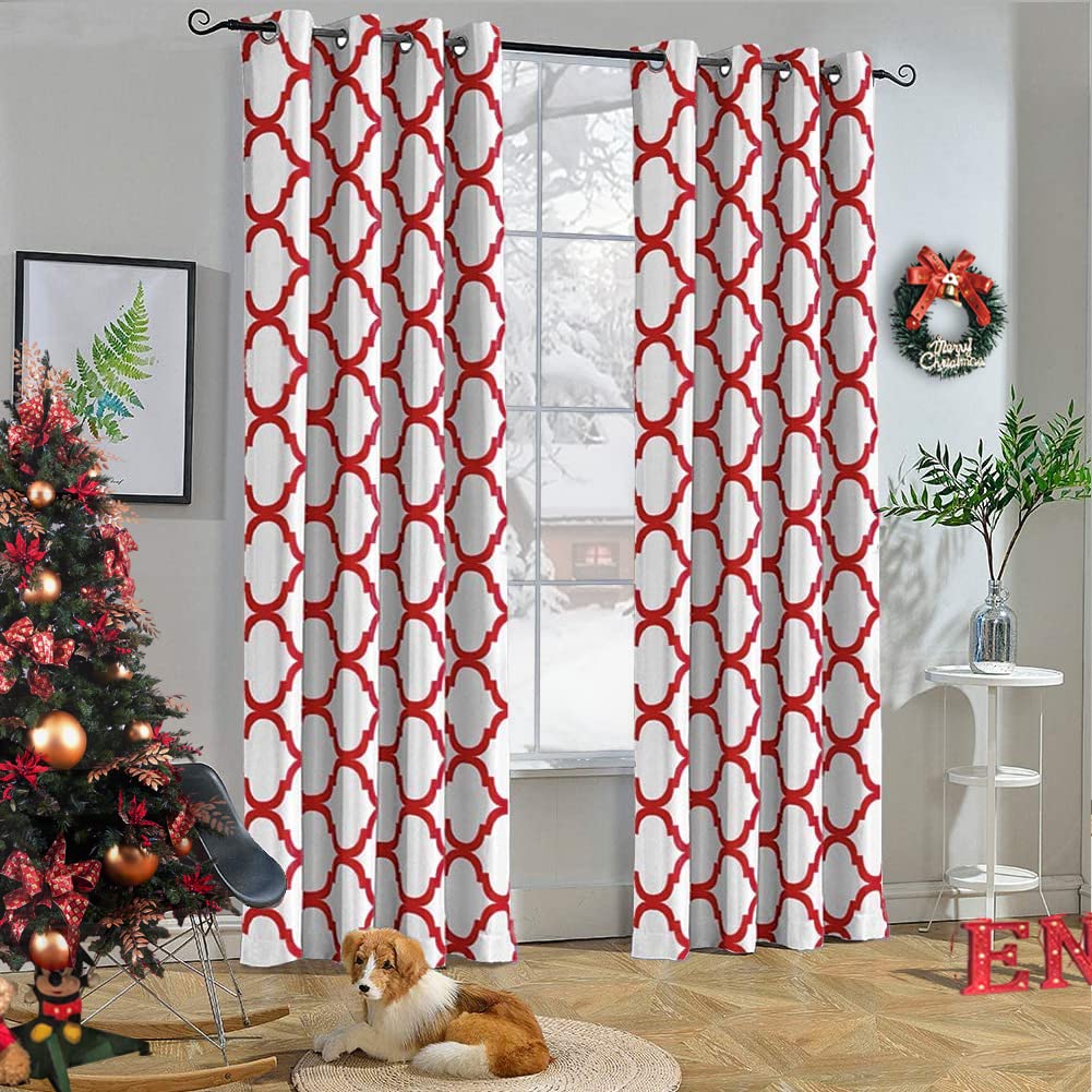 Melodieux Moroccan Fashion Thermal Insulated Grommet Room Darkening Curtains for Living Room, 52 by 96 Inch, Off White/Red (1 Pa