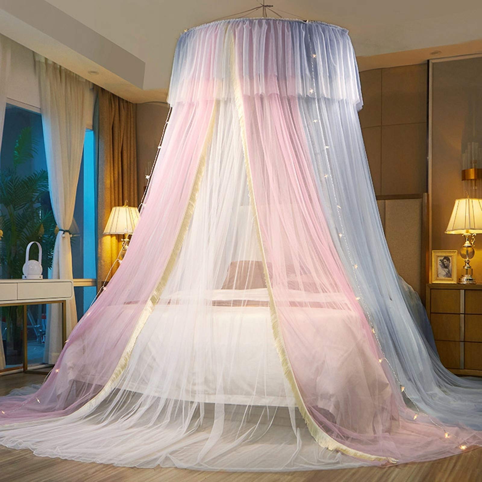 VETHIN Princess Bed Canopy for Girls,Bed Canopy Curtain- Double Layer Sheer Mesh Dome Bed Curtain- Round Lace Princess Mosquito 
