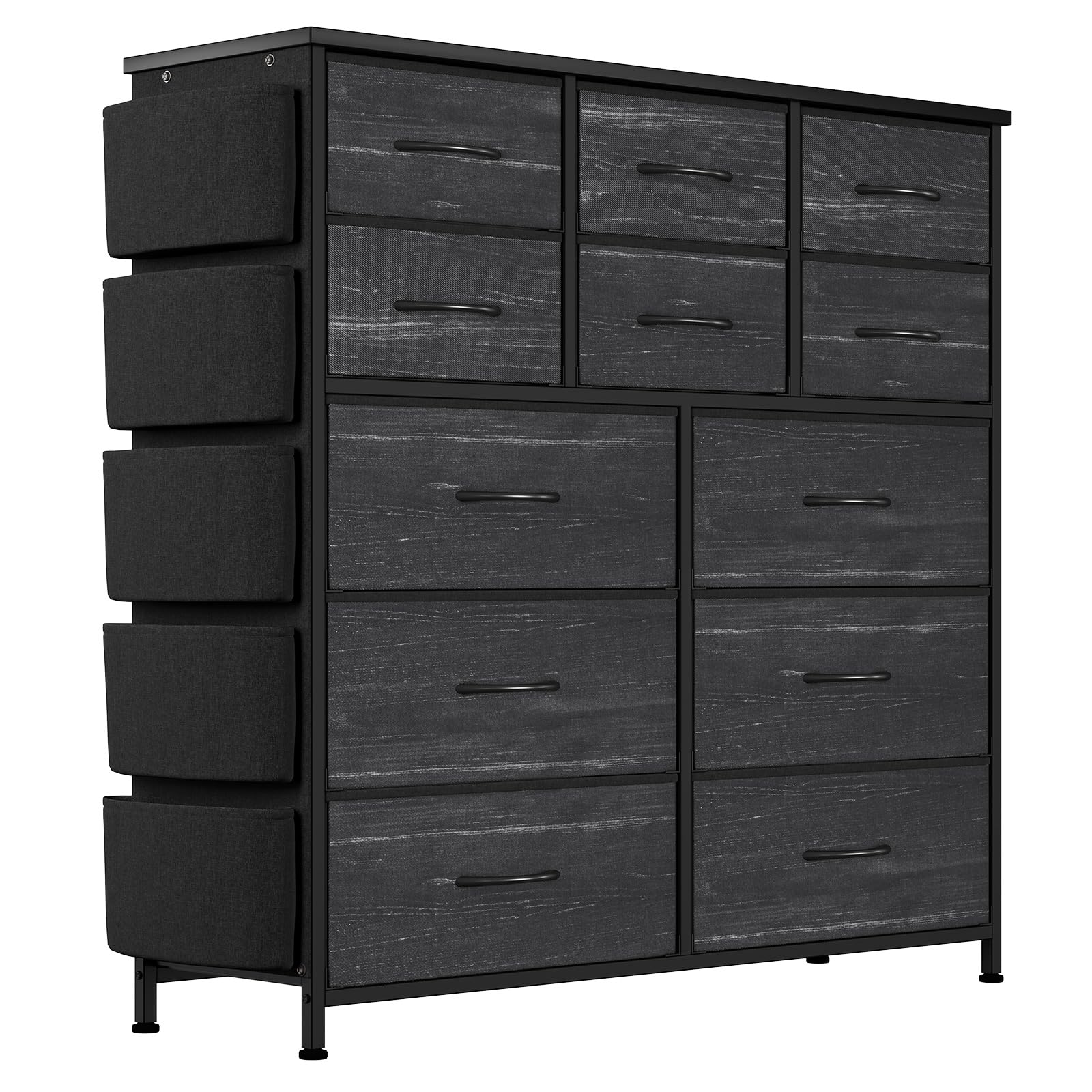 12 Dresser for Bedroom, Chest of Drawers for Bedroom with Side Pockets and Hooks, Fabric Storage Dresser, Sturdy Steel Frame, Wo