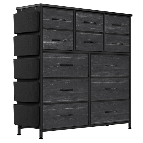 12 Dresser for Bedroom, Chest of Drawers for Bedroom with Side Pockets and Hooks, Fabric Storage Dresser, Sturdy Steel Frame, Wo
