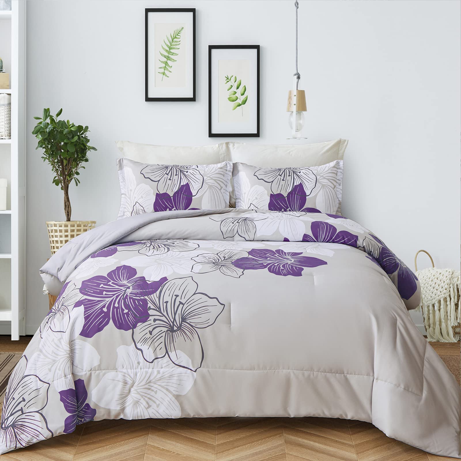 Menghomeus Floral Comforter Set King Purple Floral Pattern Printed on Grey, Soft Microfiber Bedding Set Lightweight Bed Set for 