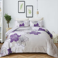 Menghomeus Queen Comforter Set Purple Floral Pattern Printed on Grey, Soft Microfiber Bedding Set Lightweight Bed Comforter Set 