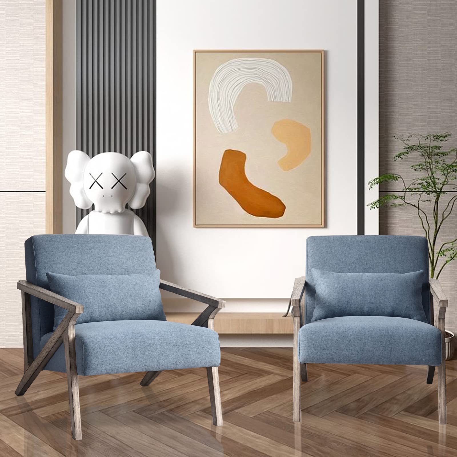 INZOY Mid Century Modern Accent Chair Set of 2 with Wood Frame, Upholstered Armchair with Waist Cushion, Accent Chair for Living