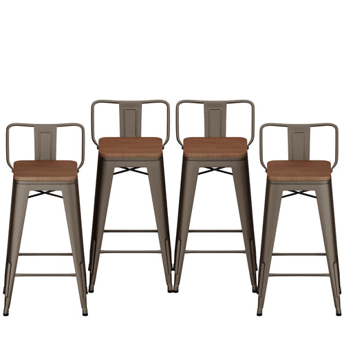 26 Low Back Metal Counter Stool Height Bar Stools with Wooden Seat [Set of 4] for Home Kitchen Barstools