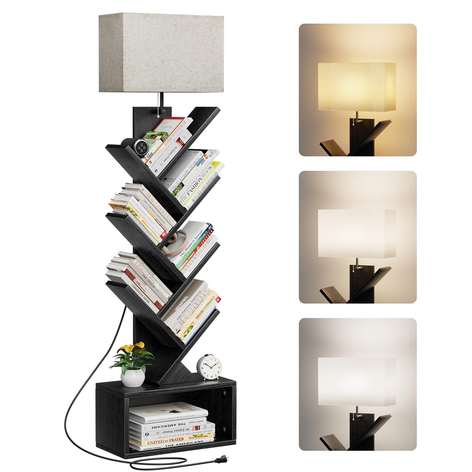 Evermagin 6 Tier Tree Bookshelf with Light, Small Bookcase Tower for Books/CDs/Movies, Sturdy Tall Floor Standing Book Organizer