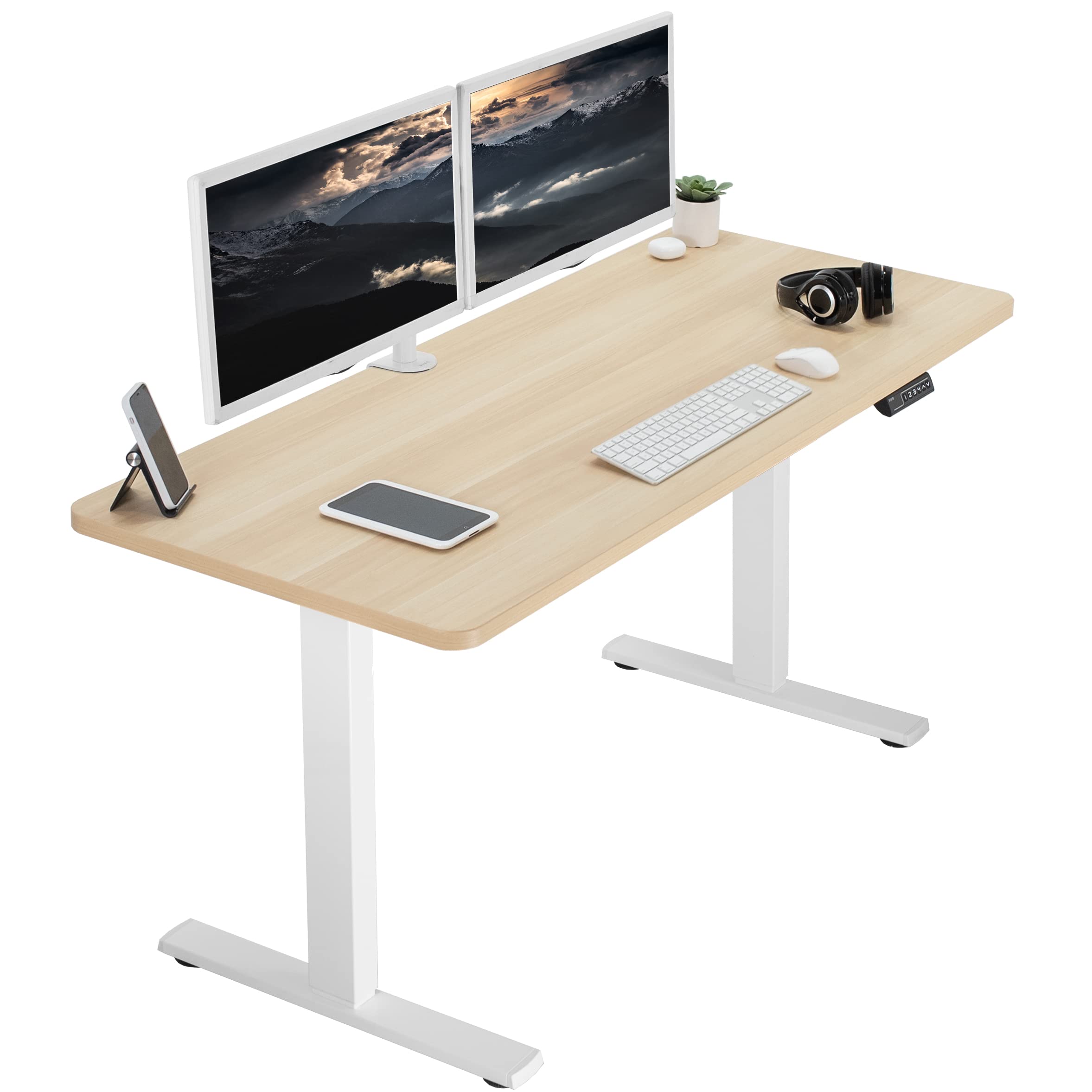 VIVO Electric 60 x 24 in Standing Desk, Memory Height Adjustment, 1B Series, One-Piece Light Wood Top, White Frame, DESK-KIT-1W6
