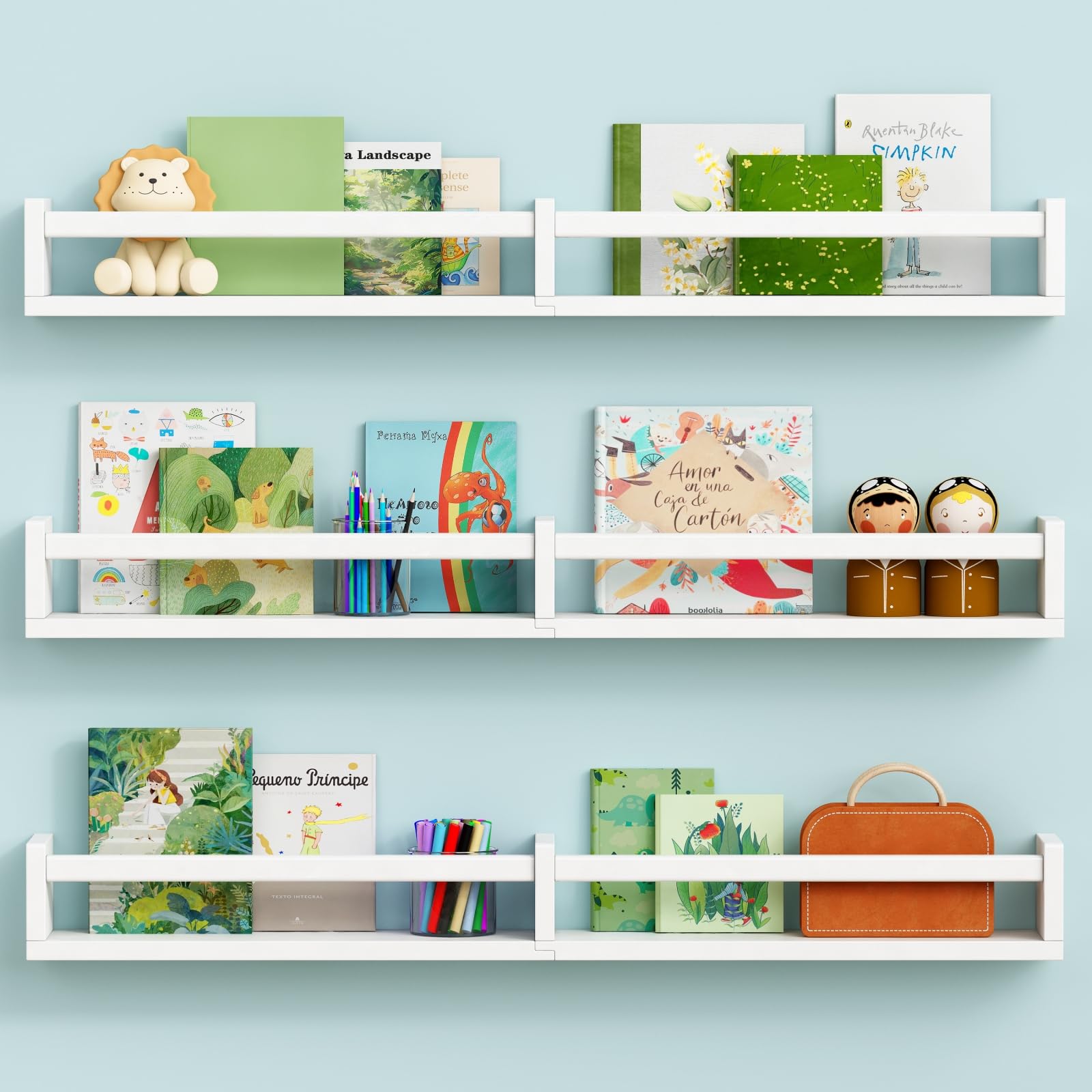 Harwaya Large Nursery Book Shelves Wall Mounted for Kids Room, White Floating Nursery Bookshelf for Baby Girls Boys Bedroom, Tod