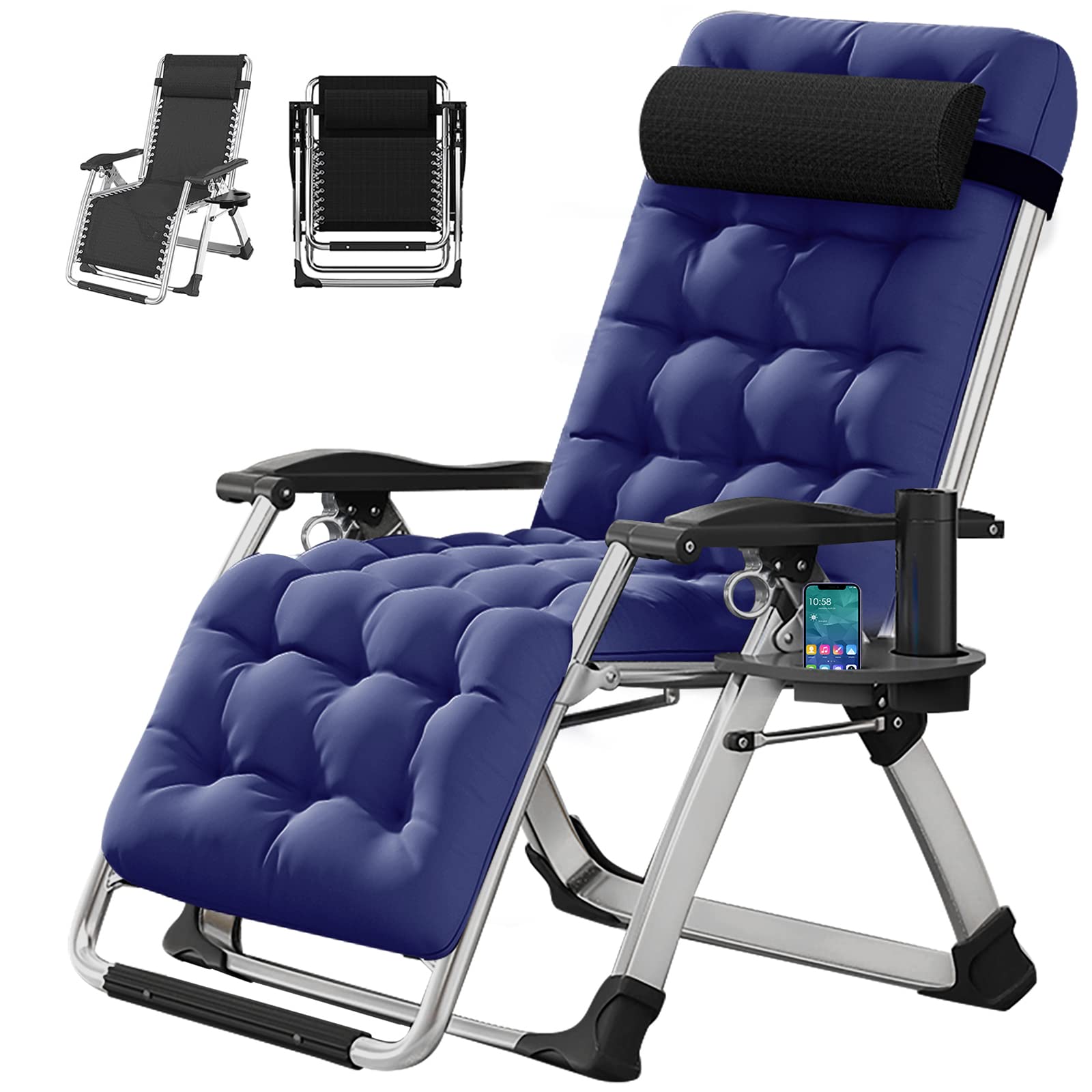 Zero Gravity Chair, Lawn Recliner, Reclining Patio Lounger Chair, Folding Portable Chaise with Detachable Soft Cushion, Cup Hold
