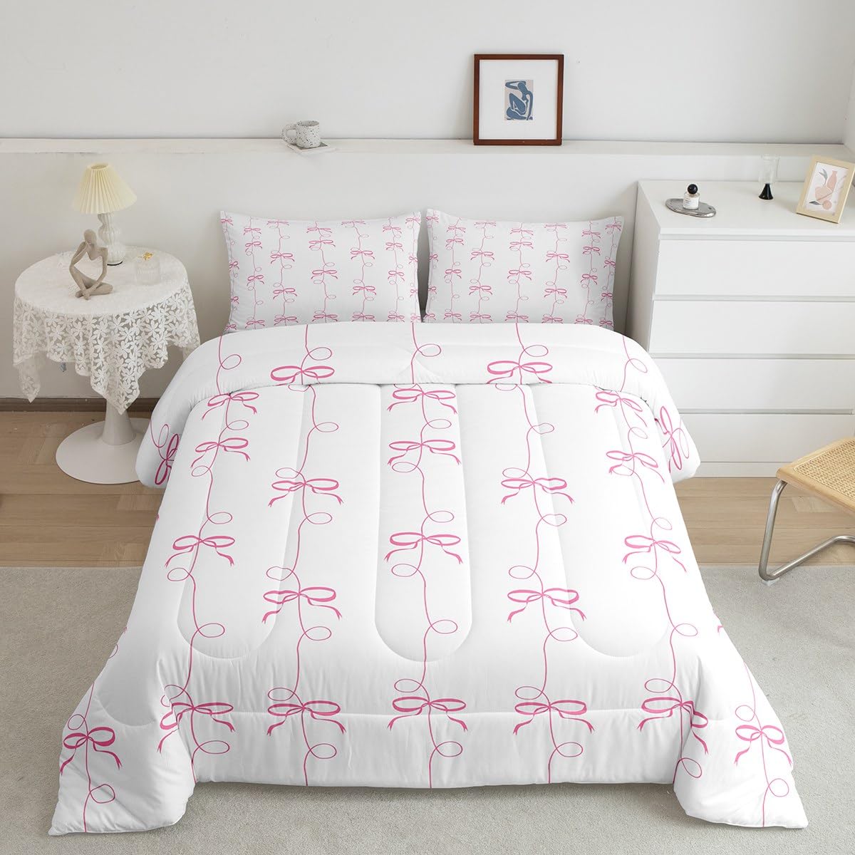 Feelyou Kids Girls Pink Bow Comforter Set,Pink Geometric Line Bow Bedding Set Full Size,Kawaii Bowknot Comforter,Cute Bed Set