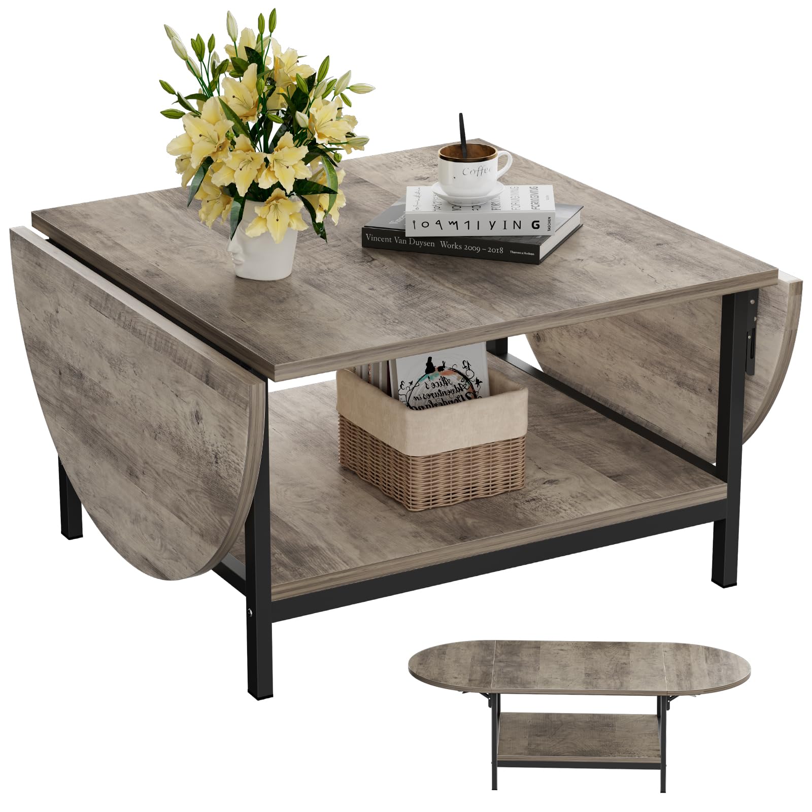 SAYGOER Coffee Tables for Living Room 2-Tier Extended Coffee Table with Storage Vintage Farmhouse Center Table for Large or Smal