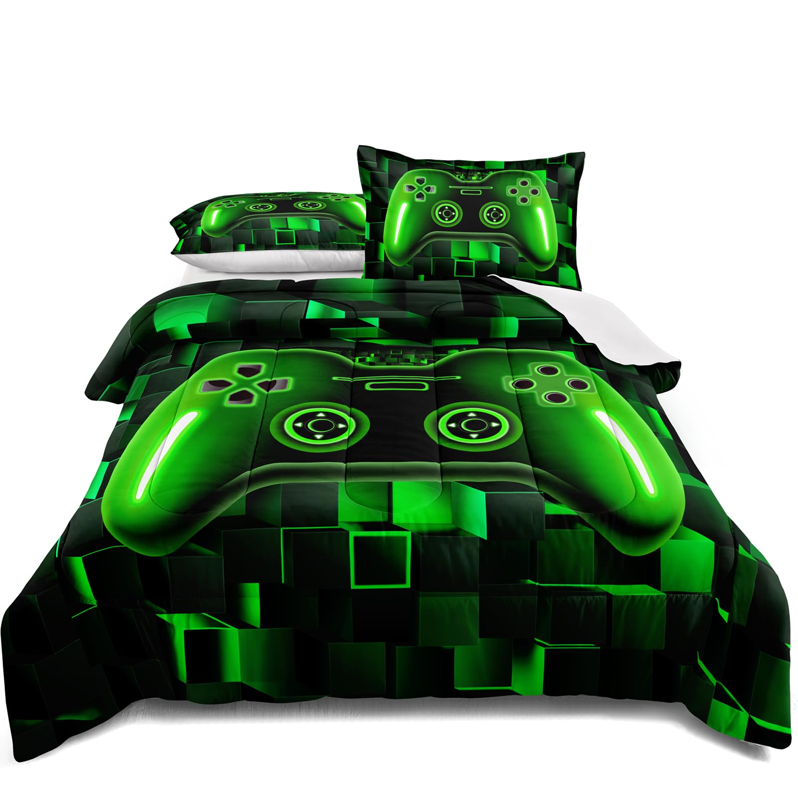 lris Bedding Gamer Comforter Set for Boys Teens Futuristic Green Gaming Bedding Set Featuring Game Controller Video Games Includ