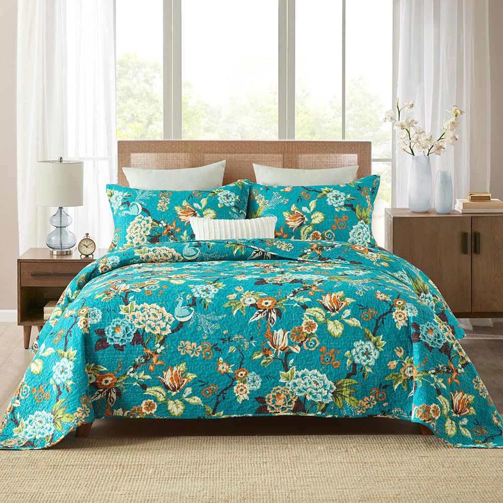 ENASAL Cotton Bedspread Quilt Sets Reversible Bedding Coverlet Sets Comforter, Vintage Floral with Peacock Pastoral Turquoise Be