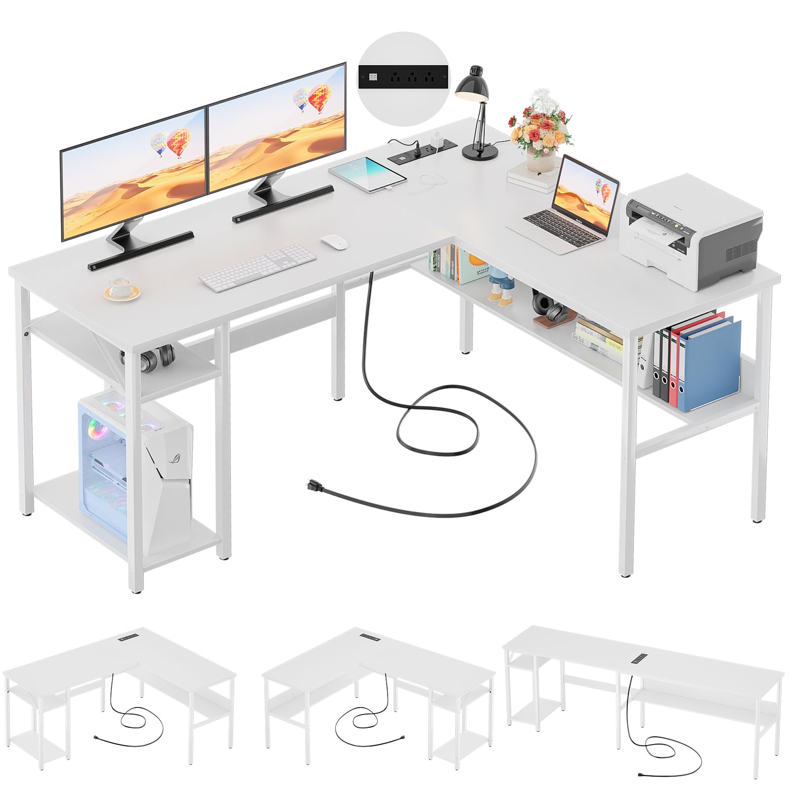 Unikito Reversible L Shaped Computer Desk with Magic Power Outlets and USB Charging Ports, Sturdy Corner Desk with Storage Shelv
