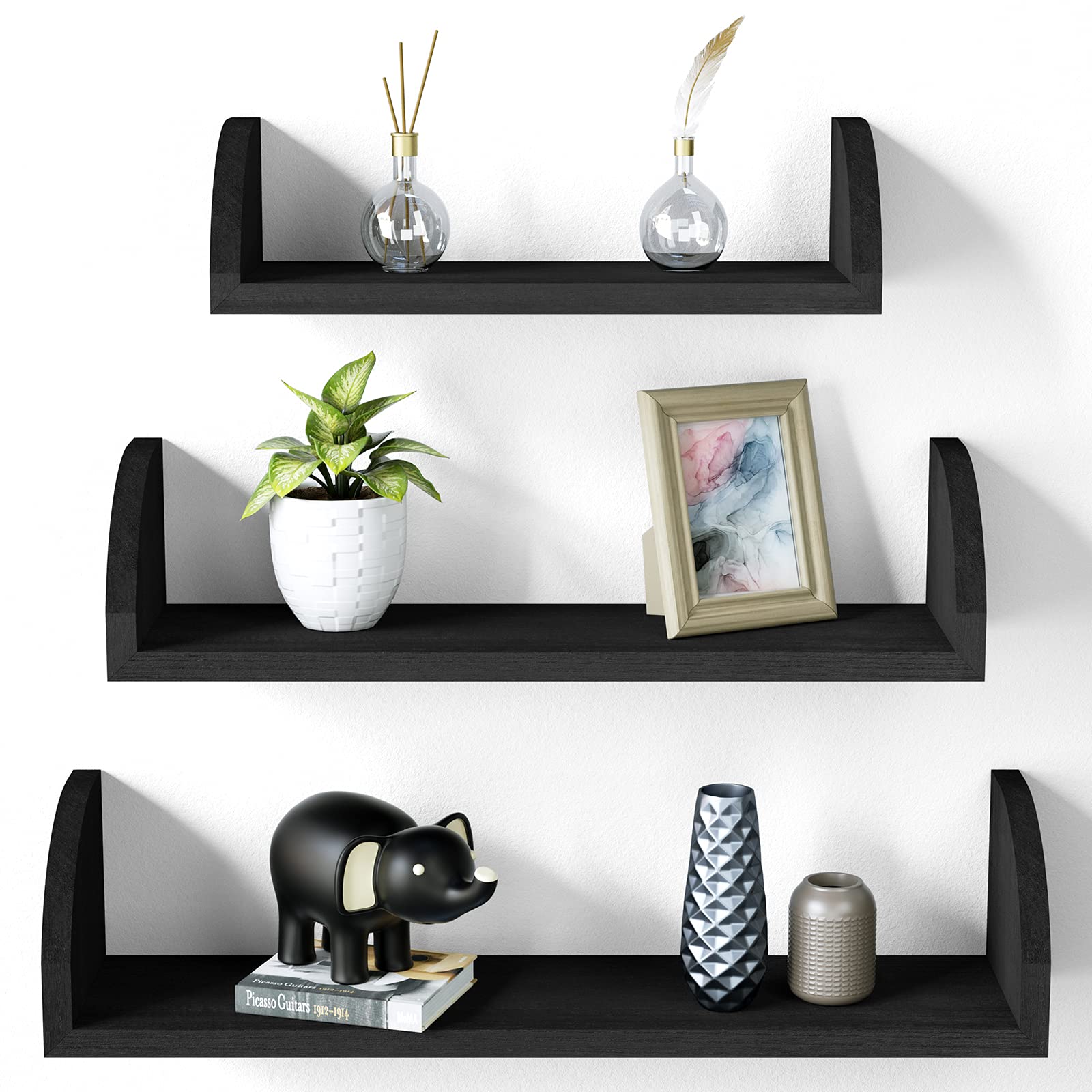 SRIWATANA Floating Shelves Wall Mounted, Solid Wood Shelves Wall Bookshelves Set of 3 for Bedroom, Living Room, Bathroom, Kitche
