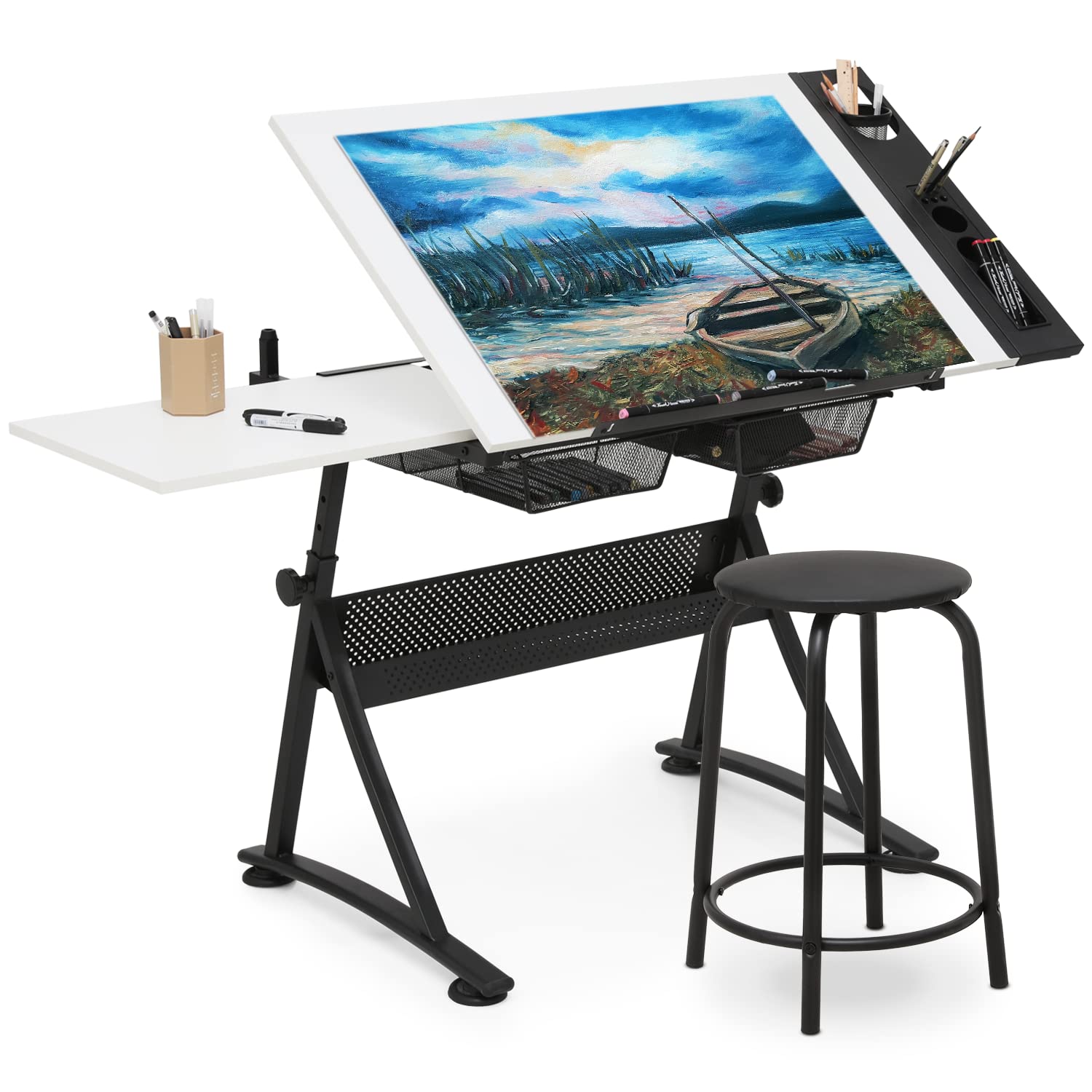 MoNiBloom Art Deco Drafting Table, Height-Adjustable, Tiltable Tabletop, Stool for Reading Writing Painting, Homeschooling Desk 