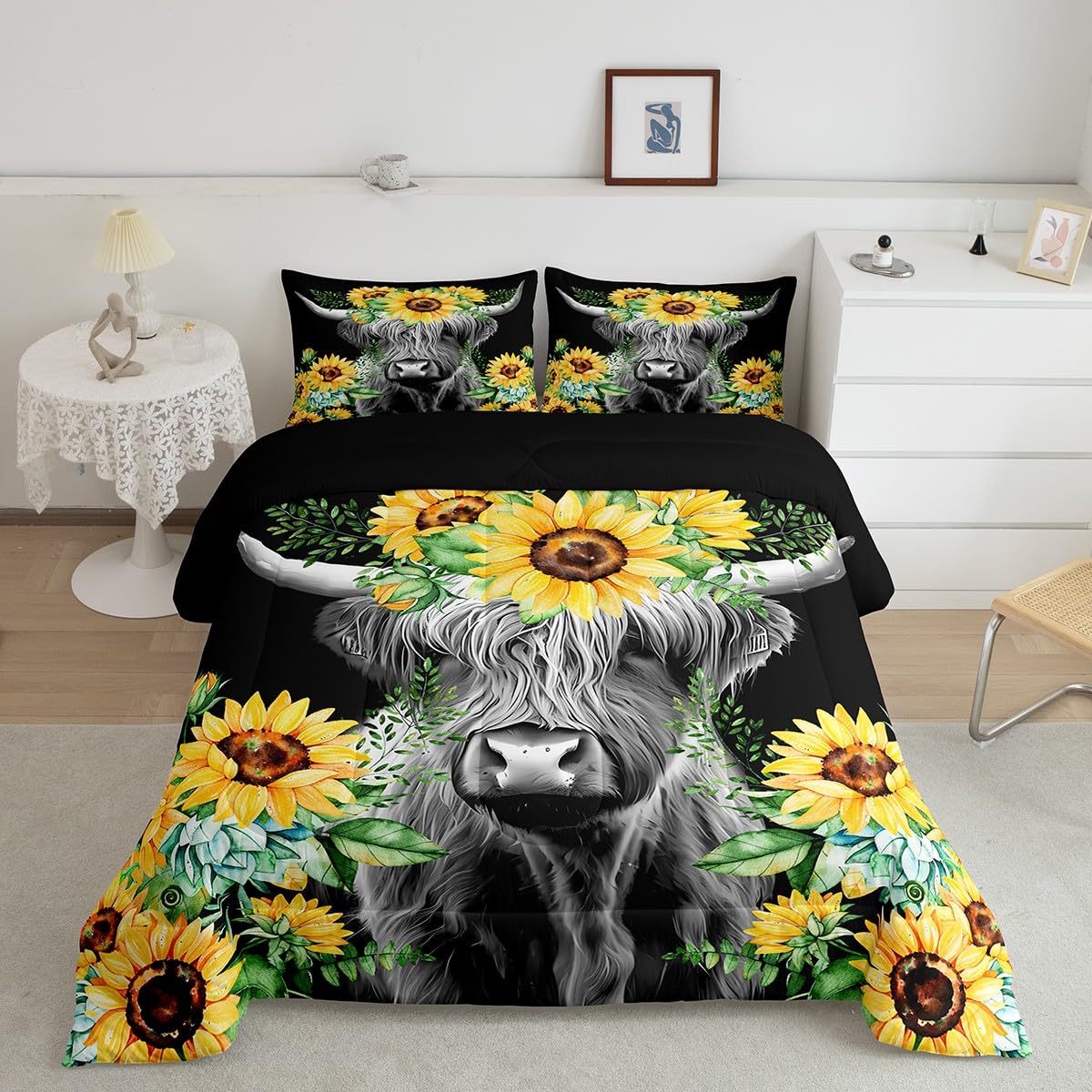 Highland Cow Bedding Set Kids Sunflower Floral Western Cow Bull Comforter Set for Girls Teens Farmhouse Wildlife Animal Comforte