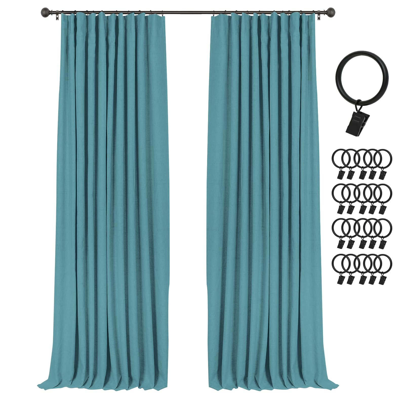 INOVADAY 100% Blackout Curtains for Bedroom, Black Out Curtains 84 Inch Long, Clip Rings Linen Blackout Drapes, Thermal Insulate