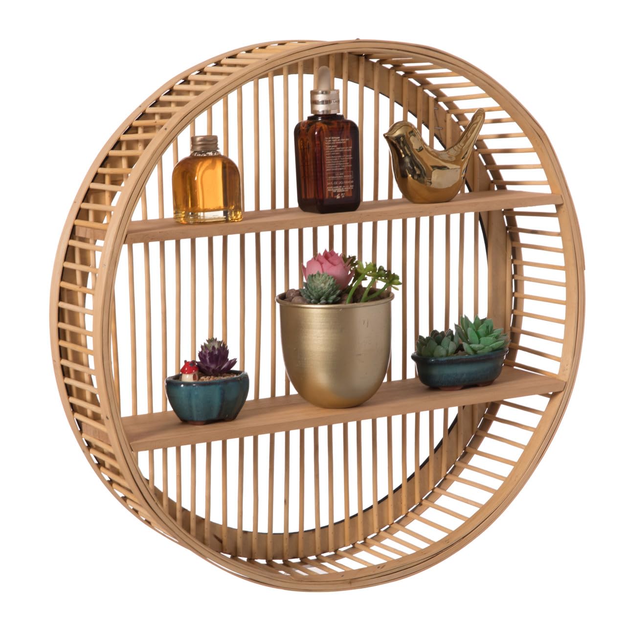 Vintiquewise Decorative Rattan Round Display Shelf with 2 Shelves for The Dining Room, Living Room, or Office.