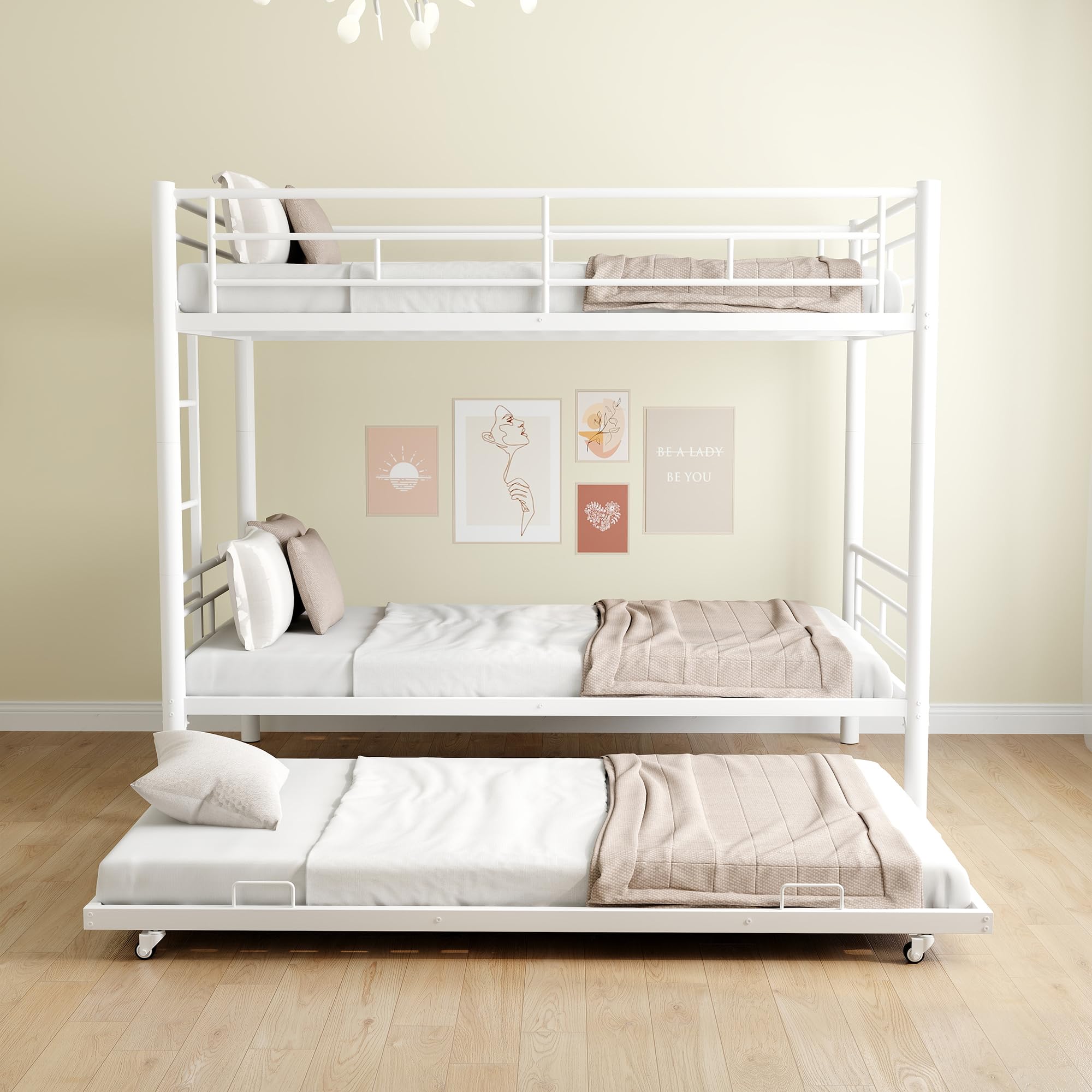 GNIXUU Twin Over Twin Metal Bunk Bed with Trundle, Heavy Duty Sturdy Beds Frame with Side Ladder, Convertible Bunkbed Safety Gua