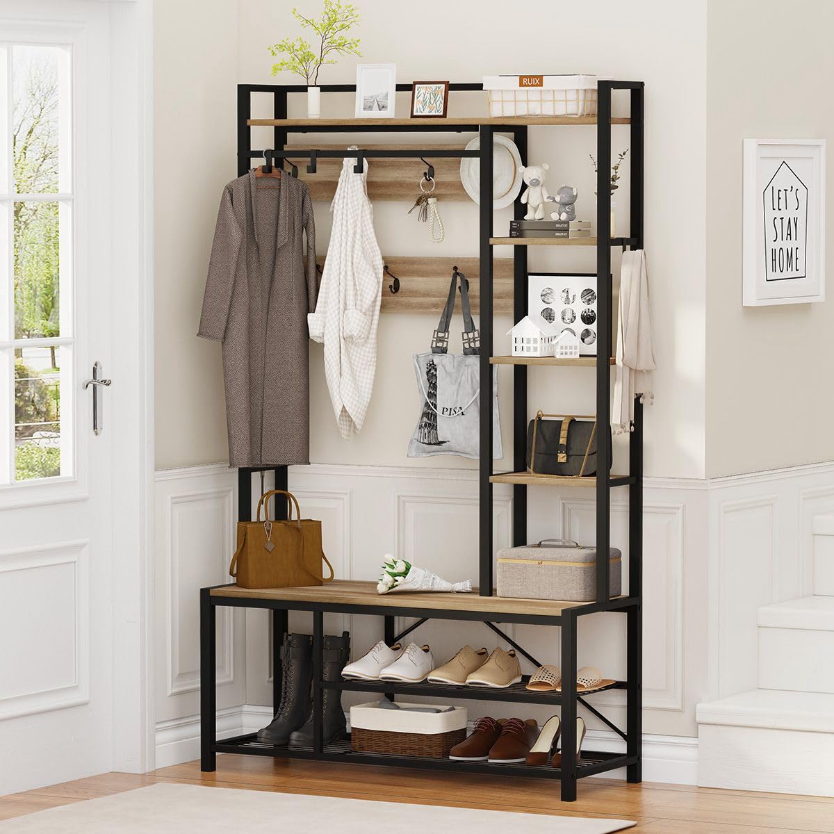 BON AUGURE Farmhouse Hall Tree for Entryway, Mudroom Bench with Shoe Storage, Large Coat Rack Shoe Bench with 5 Tier Open Shelve