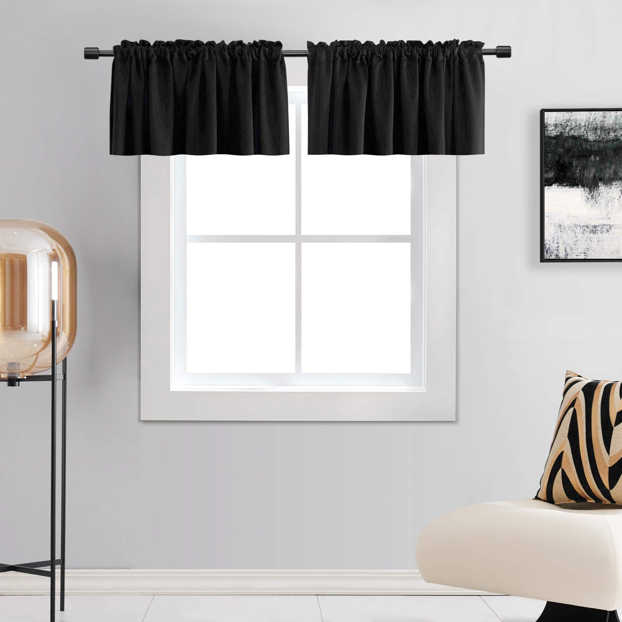 DONREN 12 Inches Long Black Valances for Windows - 2 Panels Blackout Window Valances for Basement with Rod Pocket (42 Inches Wid