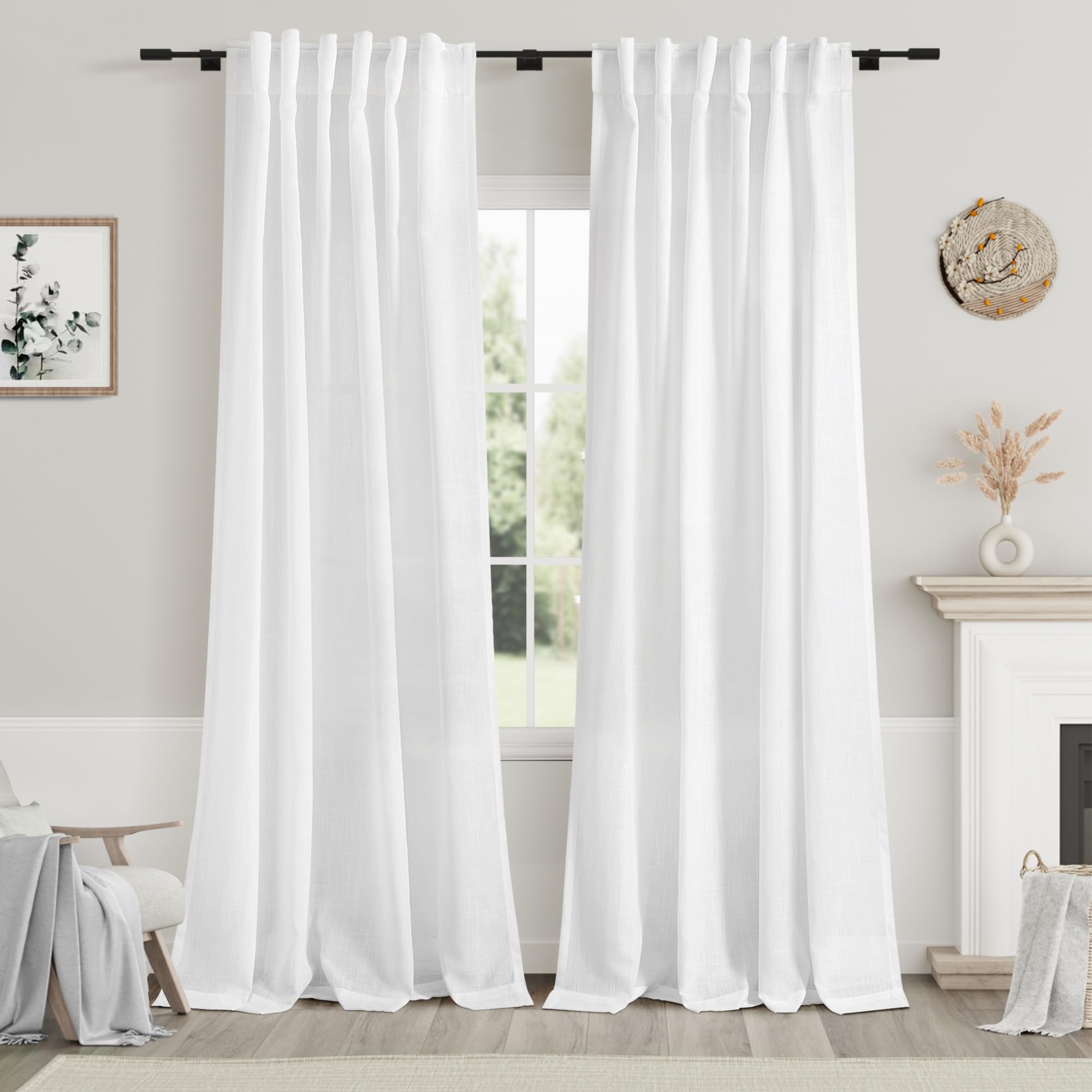 White Linen Curtains 84 Inch Length 2 Panels Back Tab Rod Pocket Semi Sheer Bedroom Curtains Light Filtering Country Closet Curt