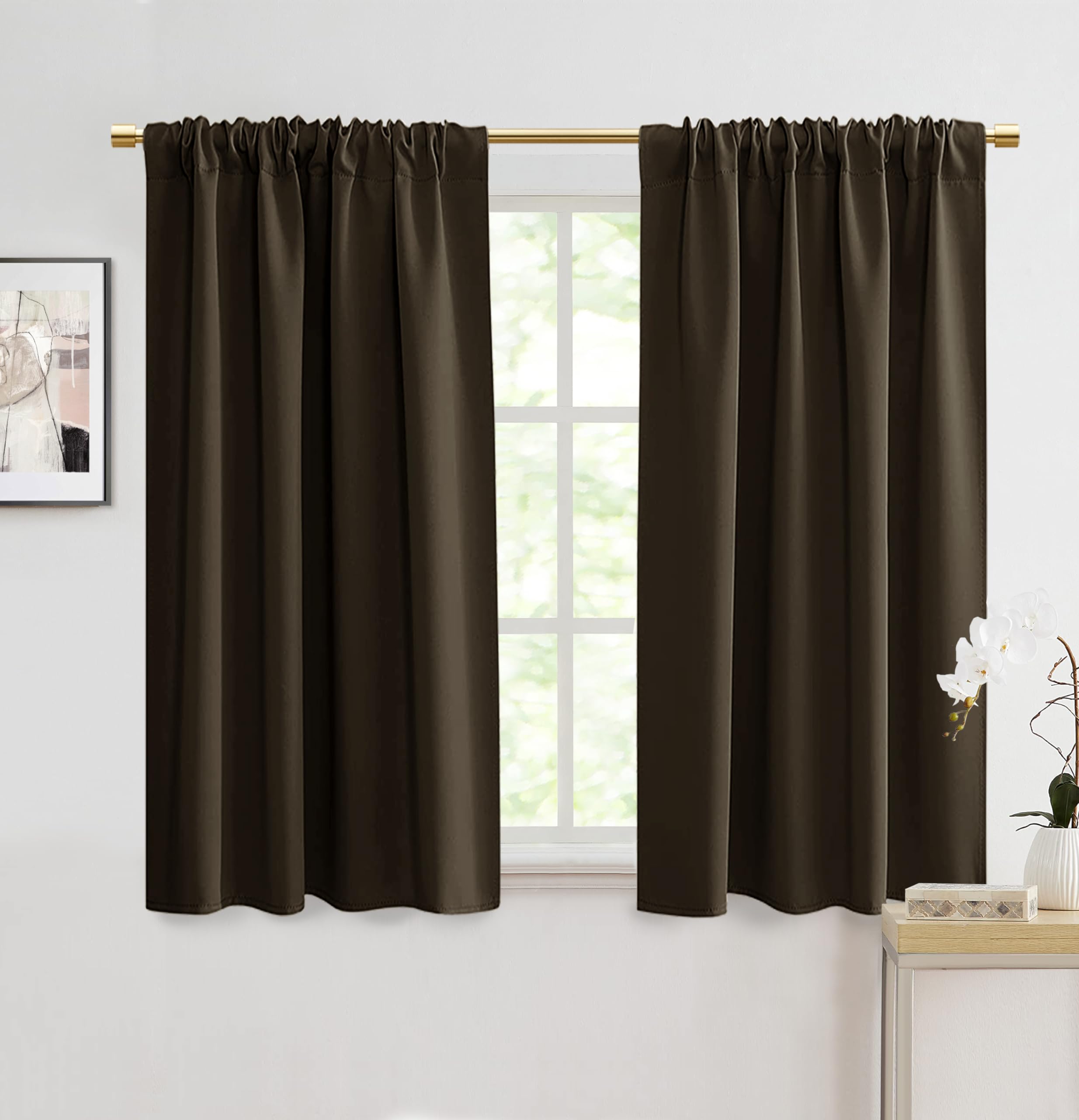 PANELSBURG Bathroom Curtains Window,48 Inch Short Length Waterproof Brown Blackout Curtains for Ktichen Shower Window,Dark Choco