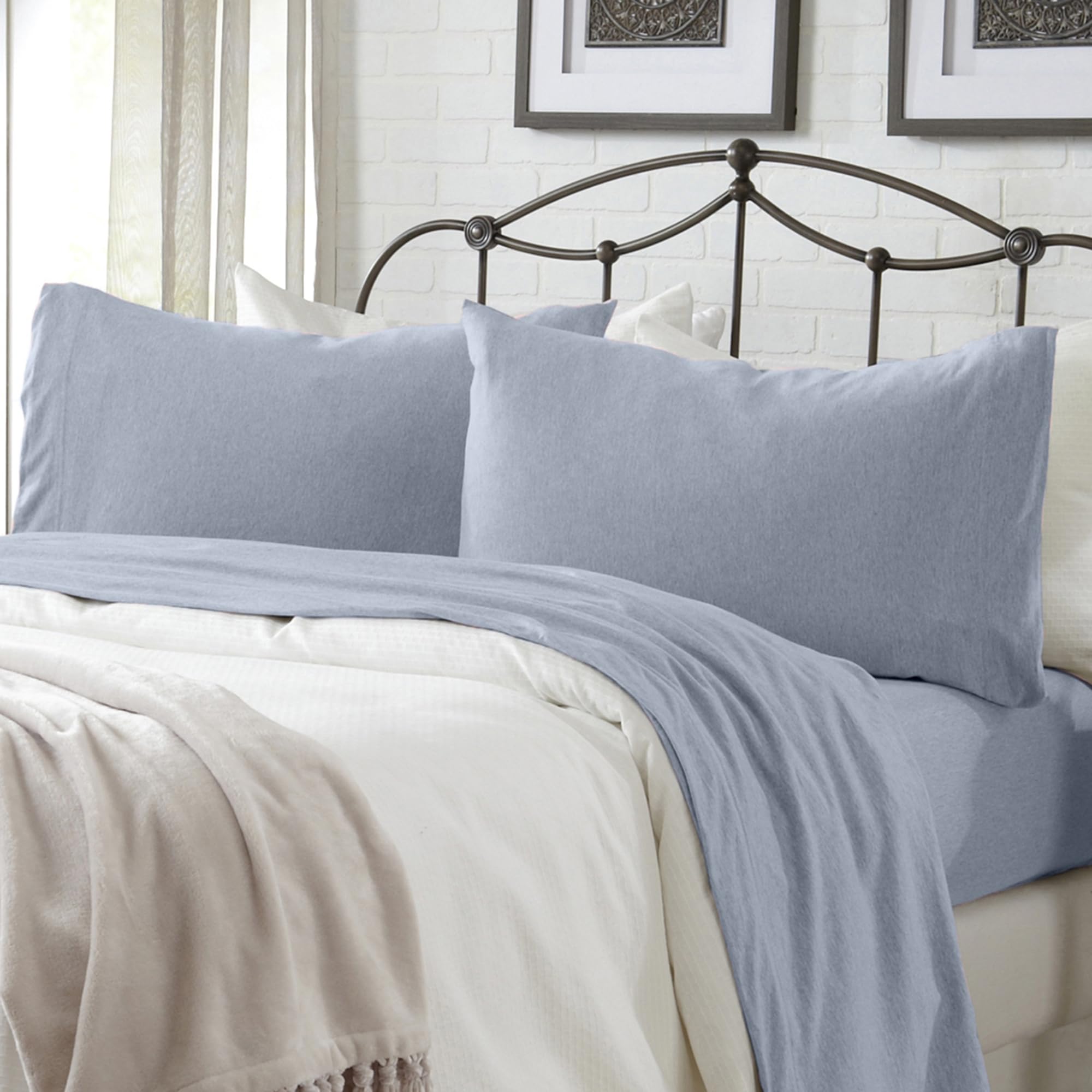 3 Piece Jersey Knit Twin Cotton Blend Blue Sheet Set | Ultra-Soft T-Shirt Jersey Bedding Sheets & Pillowcases | Heathered, Breat