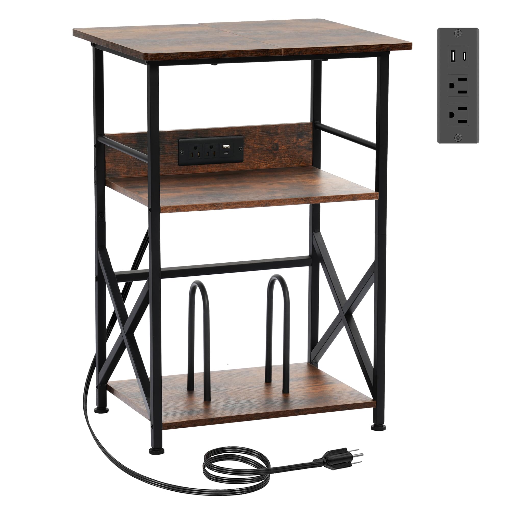 DALEMHOME Record Player Stand, 3-Tier Side Table with Charging Station, Large Turntable Stand for Vinyl, End Table for Living Ro