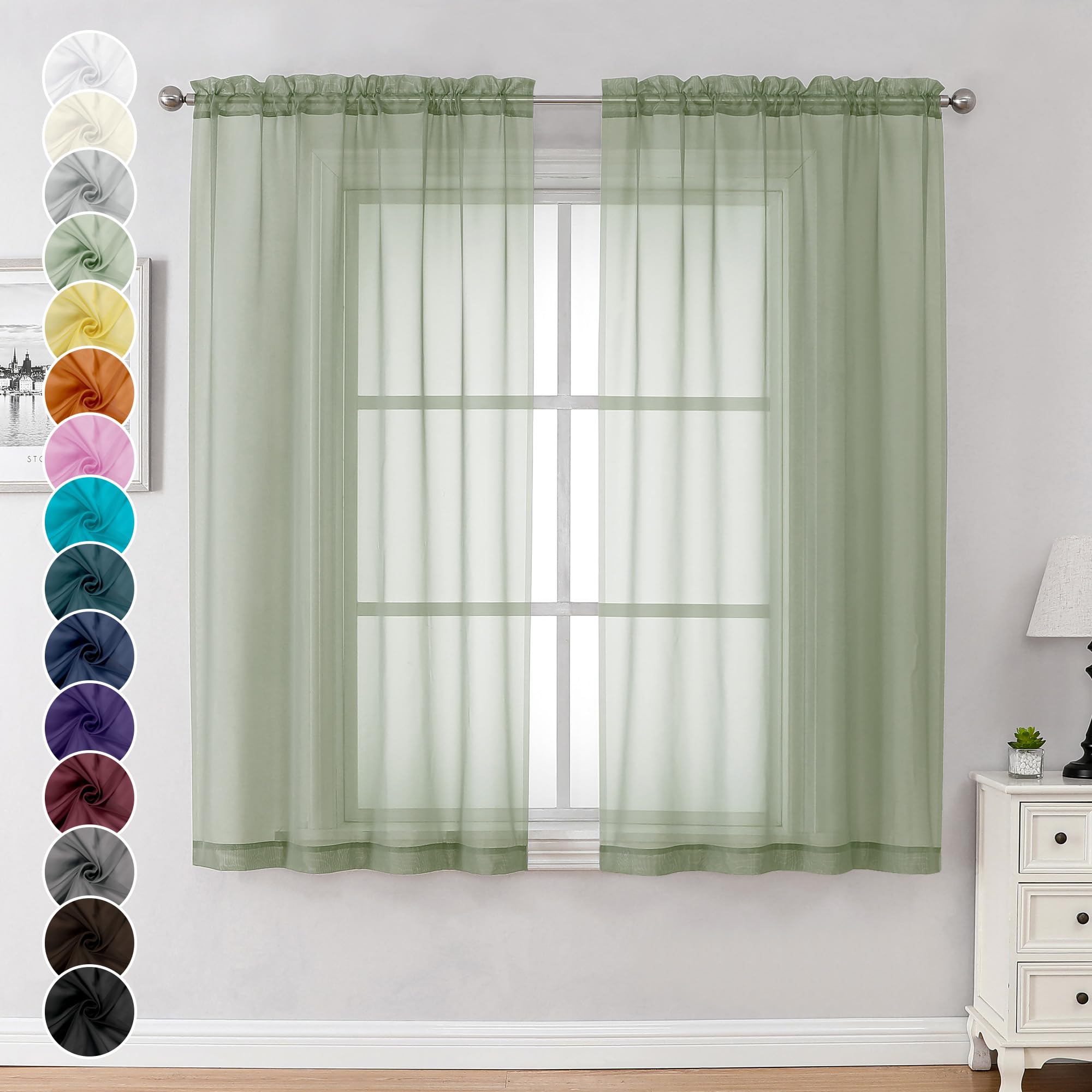 Chyhomenyc Sage Green Sheer Curtains 54 Inch Long 2 Panels Set, Short Rod Pocket Voile Drapes for Dinning Small Windows Bathroom