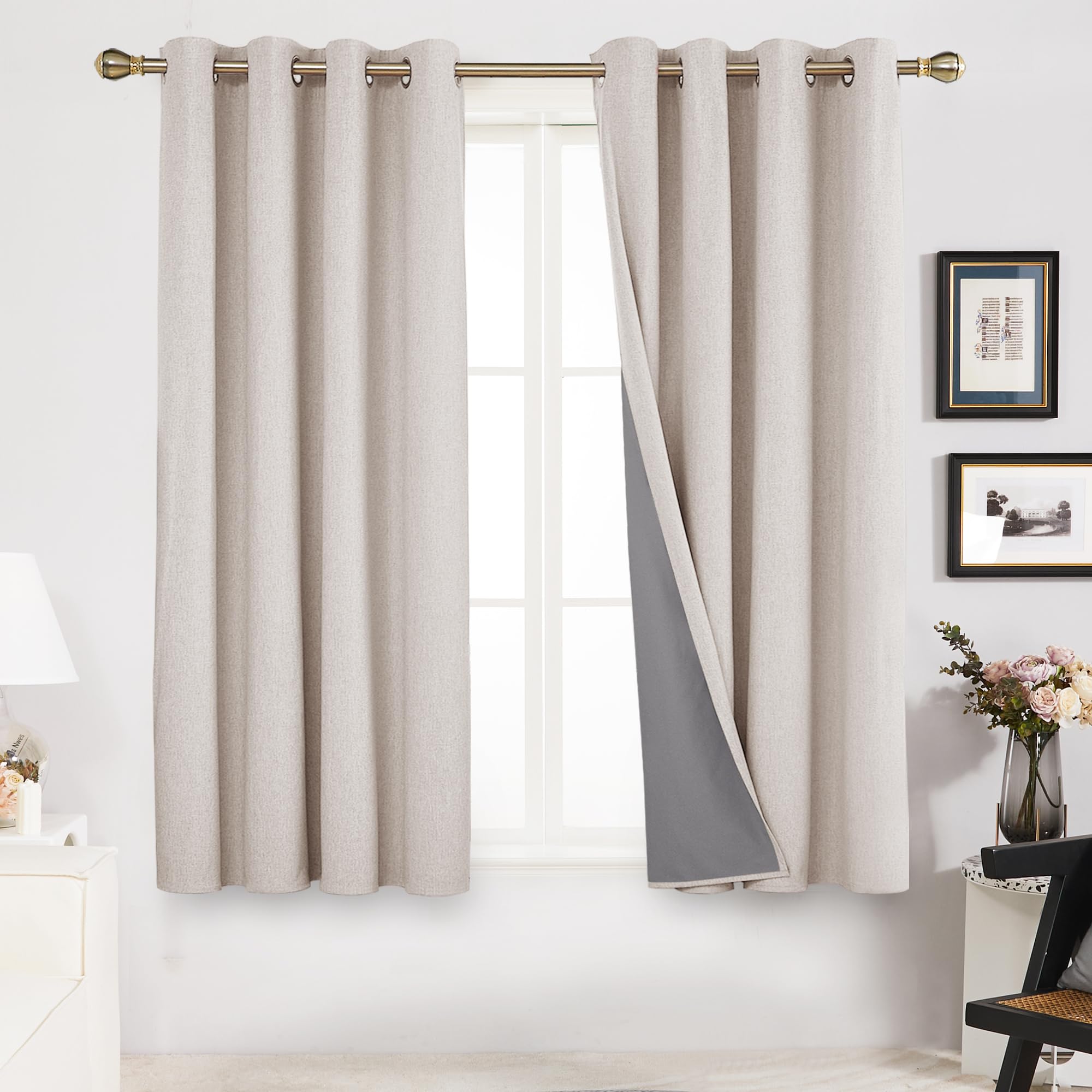 Deconovo Linen-Look 100% Blackout Curtains, Thermal Insulated Grommet Coating Drapes for Bedroom & Living Room, Flaxen 52W x 54L