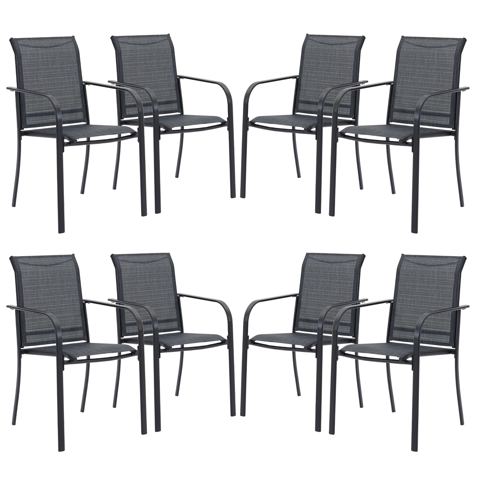 VICLLAX Patio Stackable Dining Chairs Set for 8, Outdoor Metal Frame Dining Chairs for Front Porch Backyard Garden and Deck, Bla