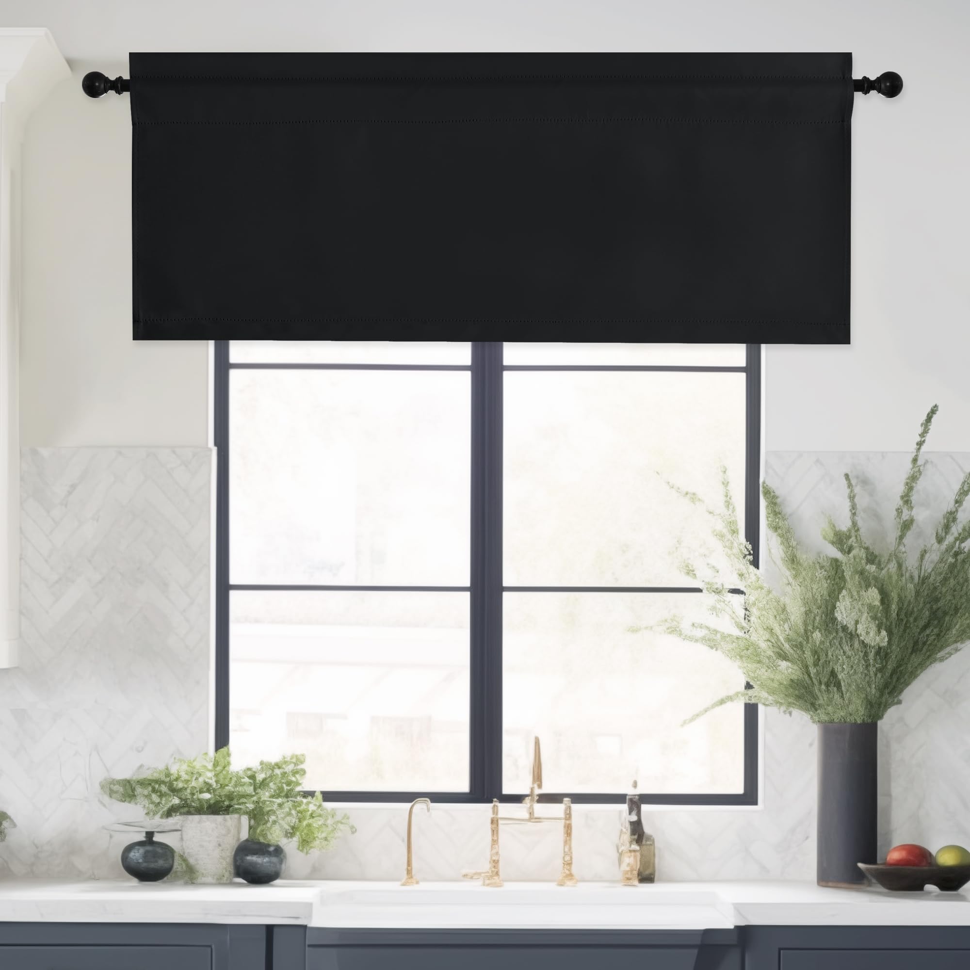 NICETOWN Black Blackout Valance Rod Pocket Thermal Insulated Window Covering Solid Short Curtain for Small Window Bedroom Living