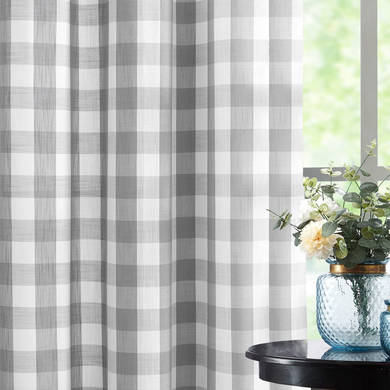 Jubilantex Grey White Buffalo Check Semi Sheer Curtain Panels Gingham Plaid Textured Curtains Drapery,Farmhouse Grommet Window D