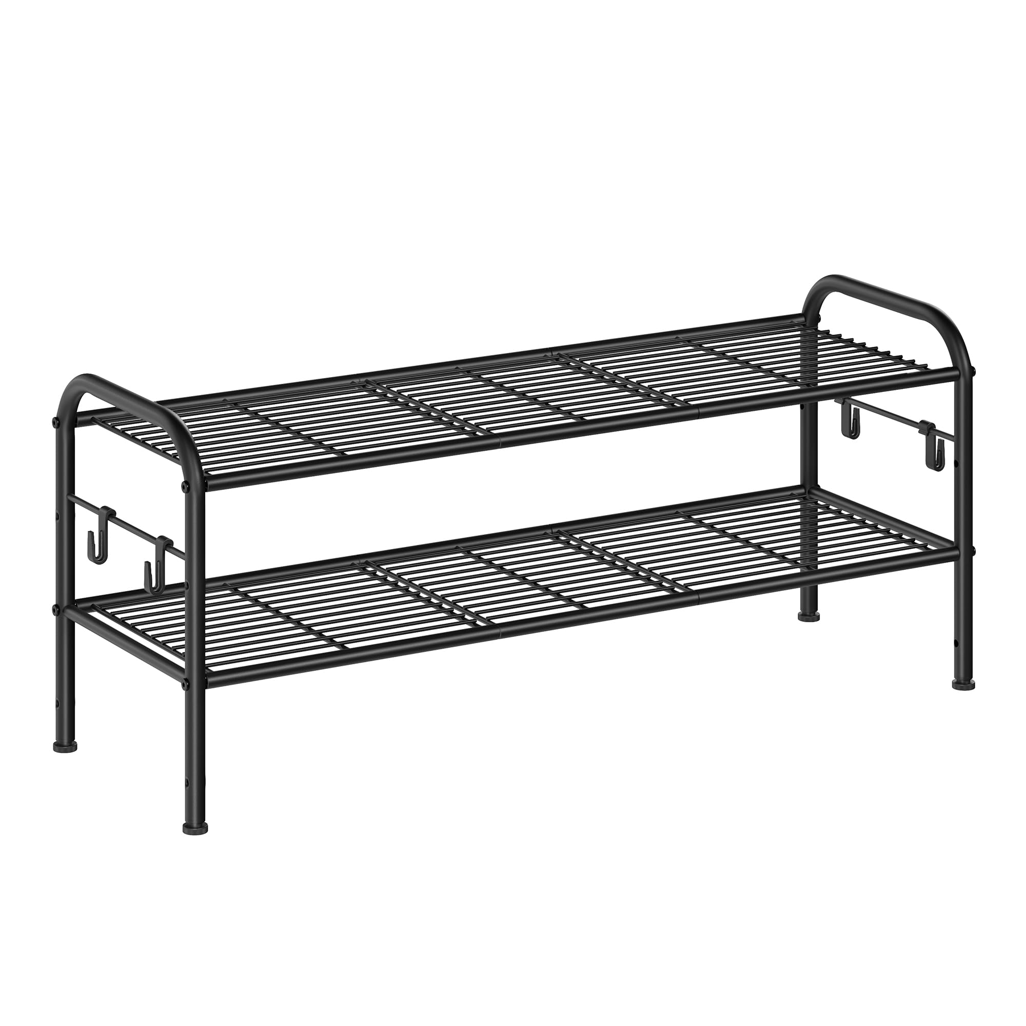 SONGMICS Shoe Rack, 2-Tier Shoe Organizer, Metal Shoe Shelf Storage with 4 Side Hooks, Holds 10 Pairs of Shoes, Height-Adjustabl