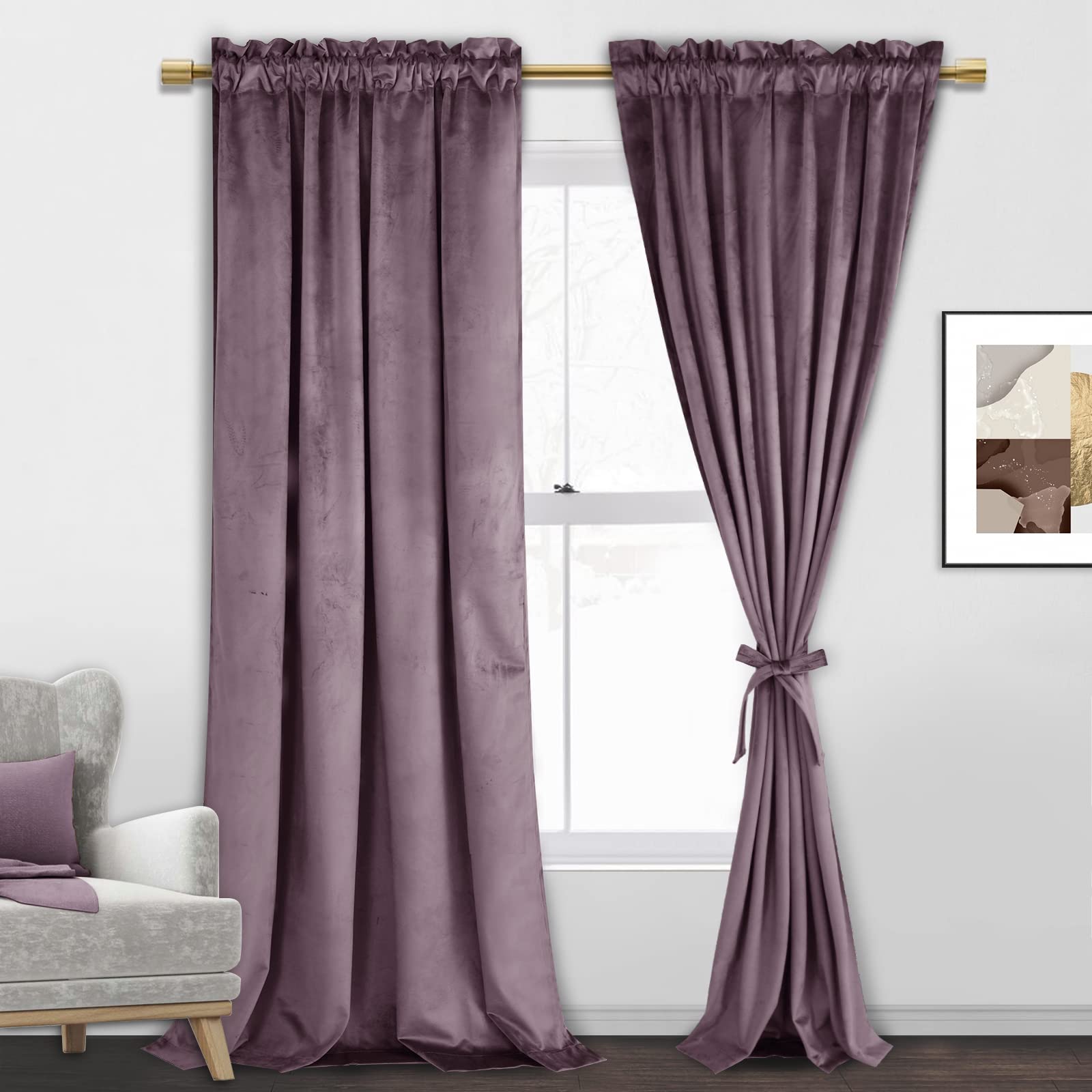 JIUZHEN Lavender Velvet Curtains 96 inch Length Thermal Insulated & Noise Reducing Rod Pocket Blackout Curtains for Living Room,