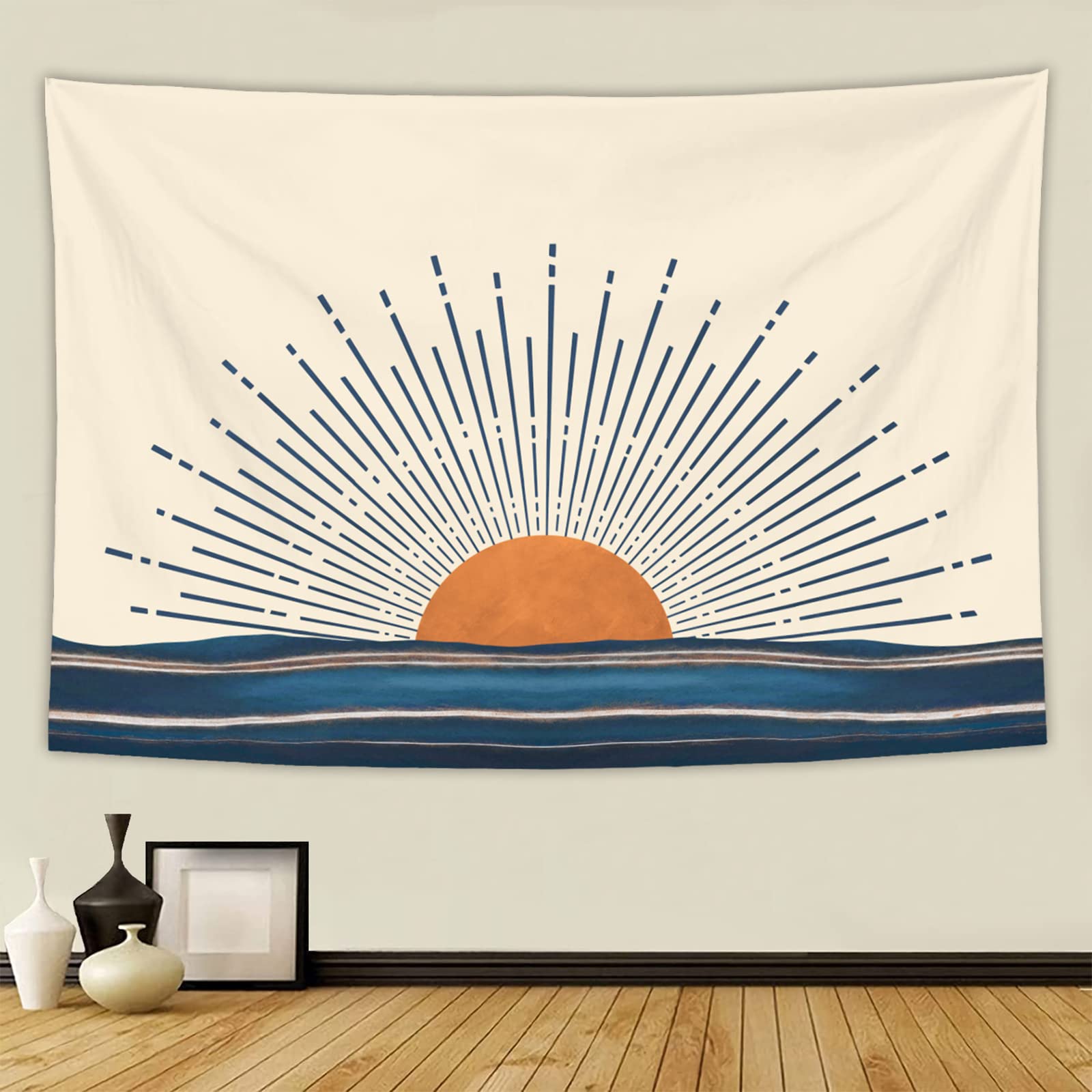 Boho Sun Horizontal Sunset Sunrise Abstract Tapestry, Decorative 70s Retro Aesthetic Bohemian Abstract Minimalist Hippie Wall Ha
