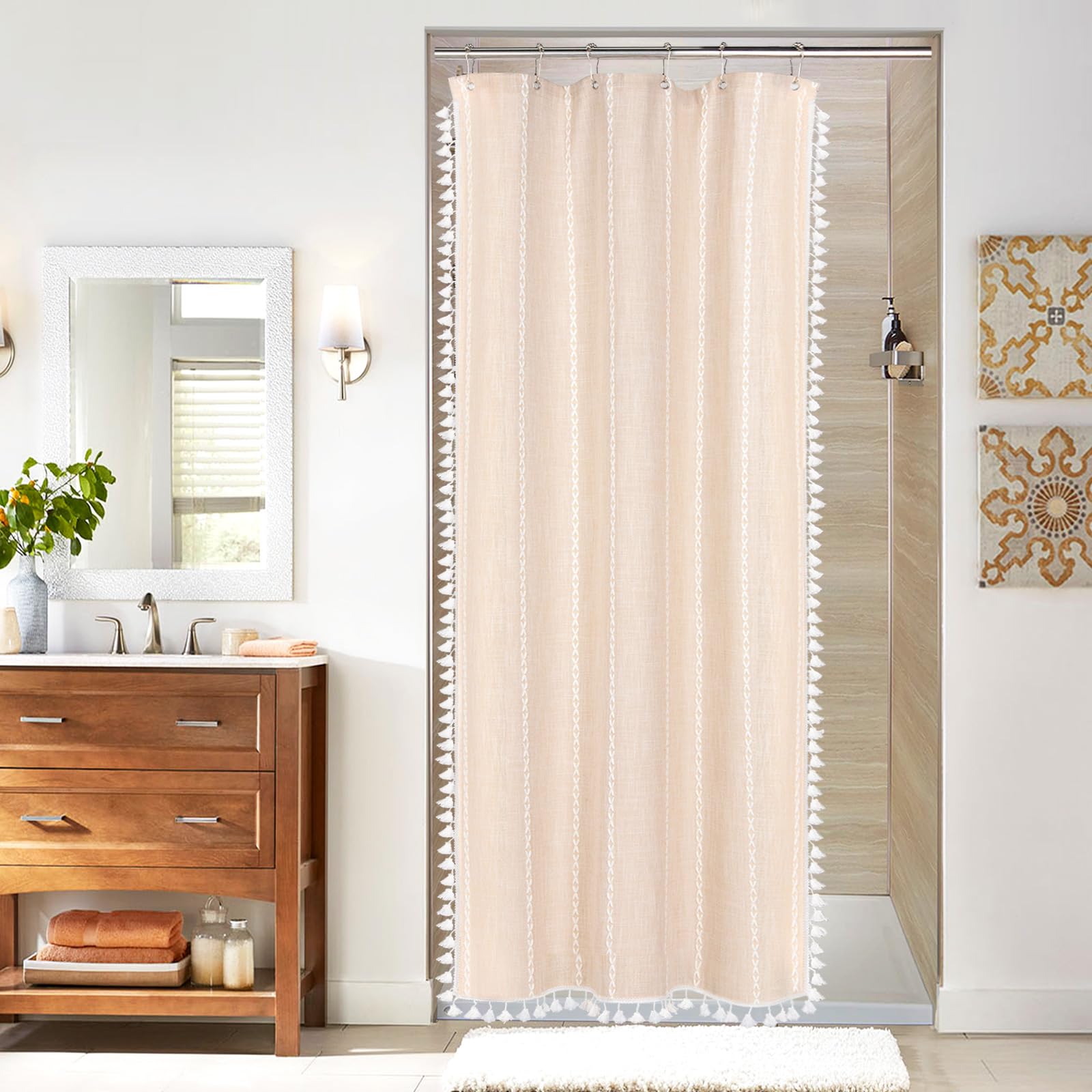 MitoVilla Beige Boho Small Stall Fabric Shower Curtain 36 x 72, Cream Half Size Narrow Cotton Linen Tassel Cloth Shower Curtains